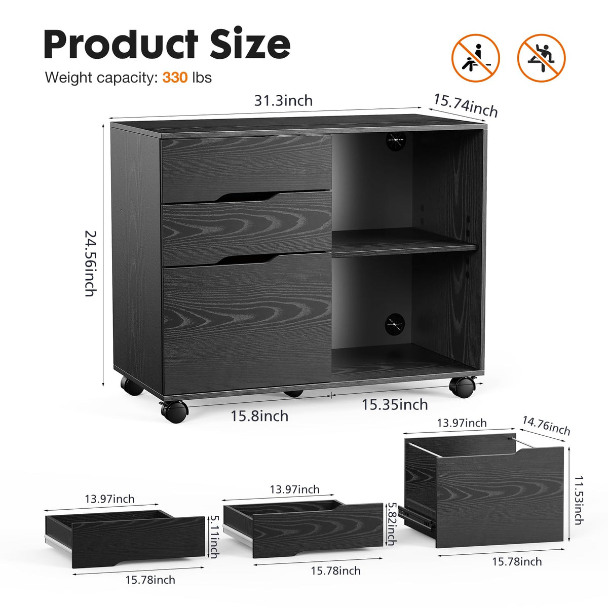 UOCFYK File Cabinet with 3 Drawers, Mobile Lateral Filing Cabinet with Open Storage Shelves for Home Office Under Desk Storage, Black