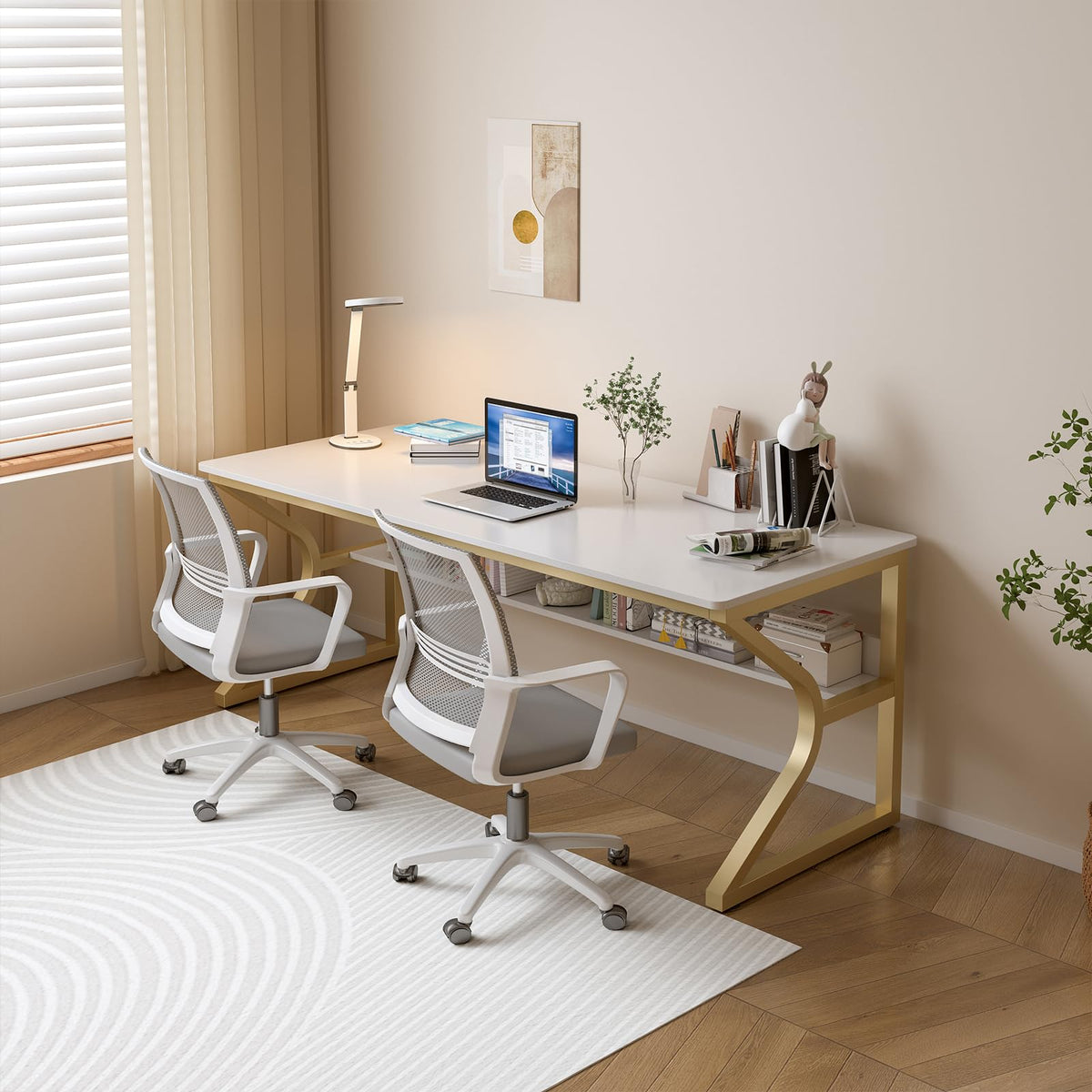 OSCHF Extra Long Desk with Bookshelf - 63" Double Long Writing Table for 2-Person Workstation, Modern Study Work Computer Desk for Home and Office, Gold