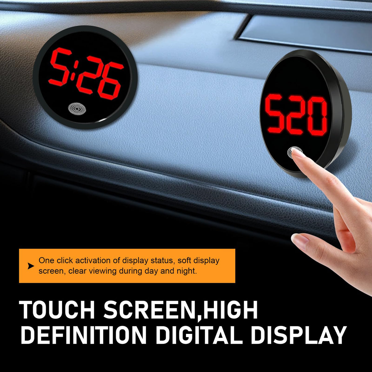 Zehiony Car Digital Clock, Touch Night Light LED Display Screen Clock, Round Shock-Resistant Alloy Dashboard Watch with 12H System, Self-Adhesive Mini Watch for Car & Home & Office (Red)