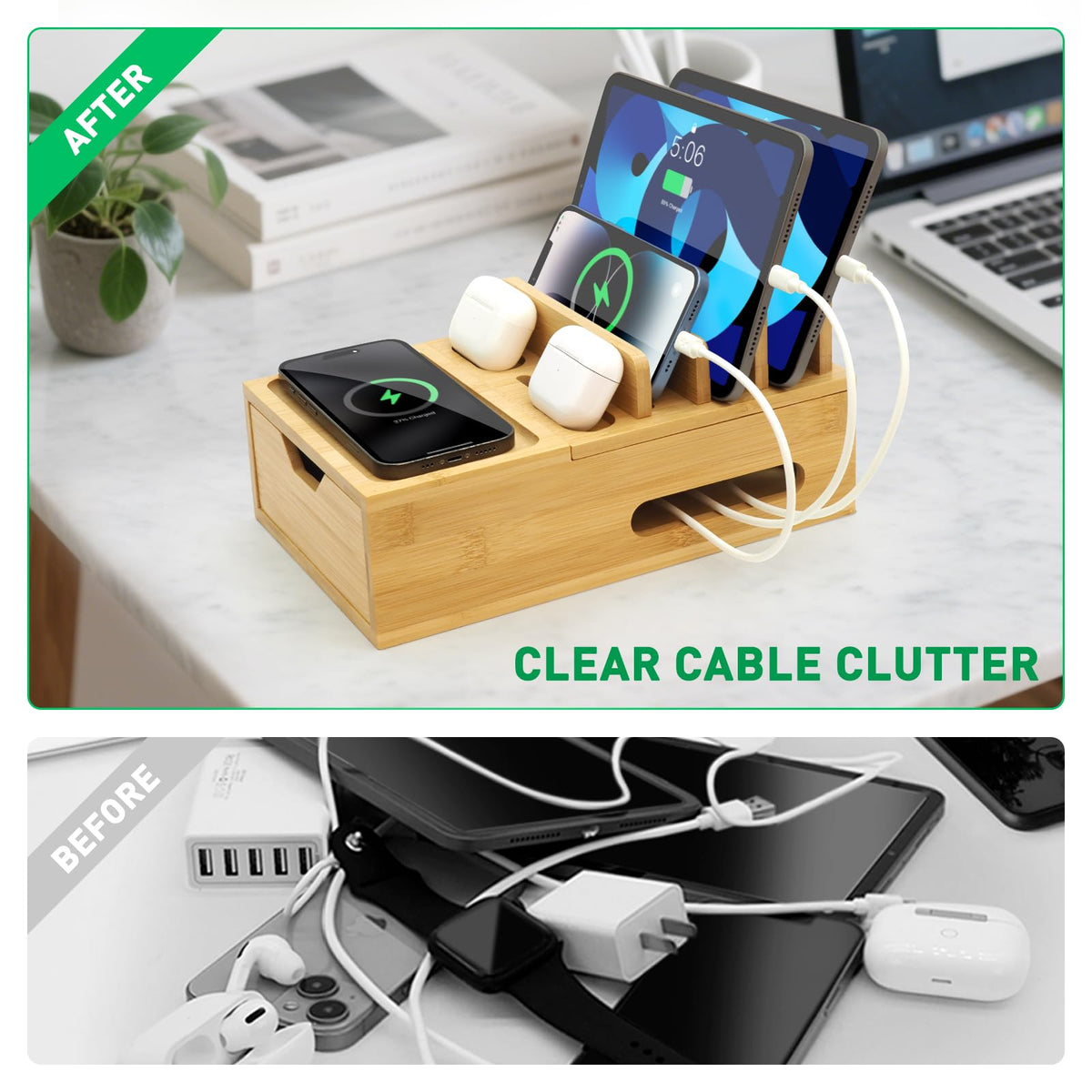 Bamboo Charging Station for Multiple Devices, Desk Charging Organizer with Drawer & Tray, Wood Docking Station for Multi Devices, Cell Phone, Tablet (Included 6 Cables, 5 Port USB Charger)
