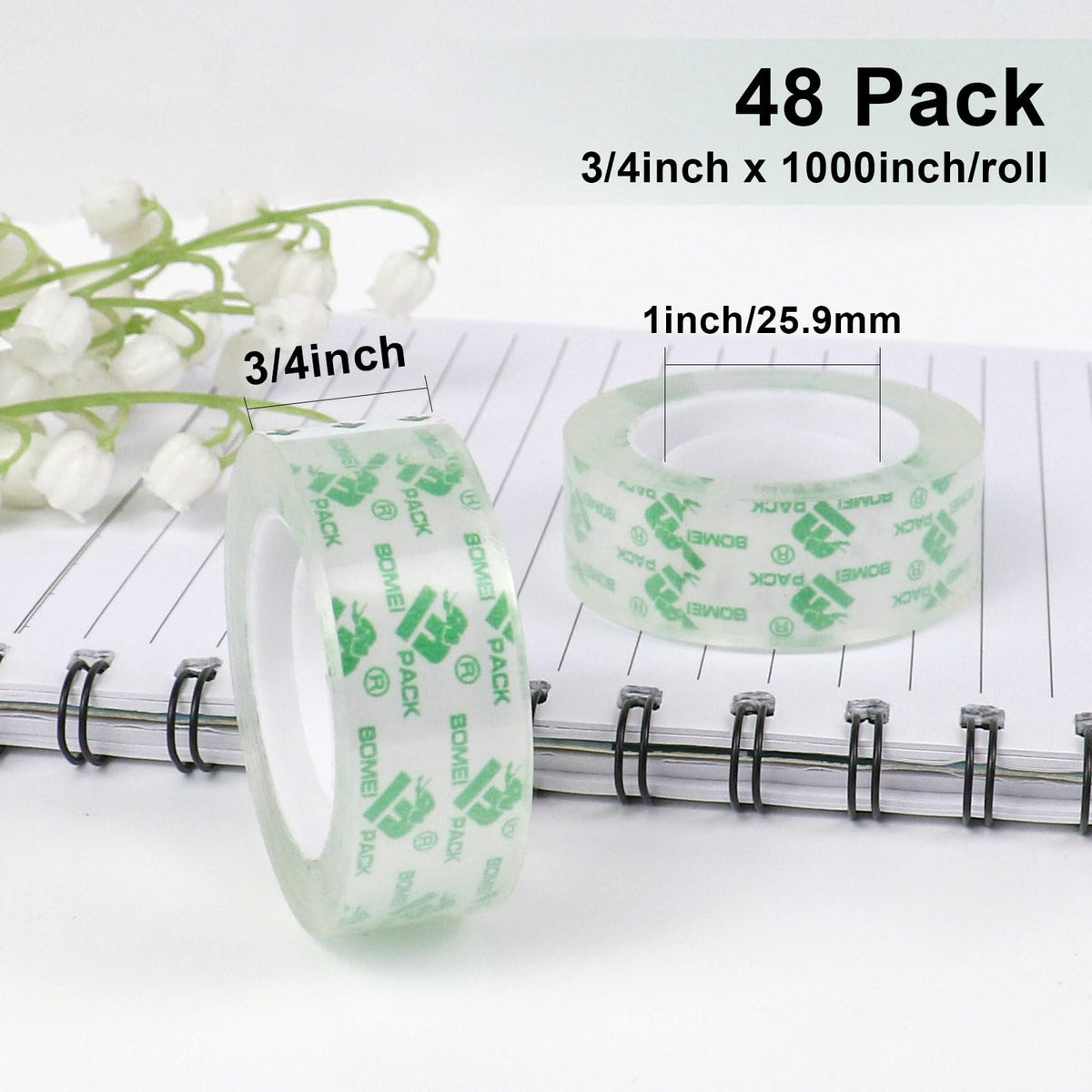 BOMEI PACK 48 Rolls Crystal Clear Transparent Tape, Stationery Tape Refills Rolls for Dispenser, 3/4 in x 1000 in,1 inch Core, Gift Wrapping Tape for Office, School and Home