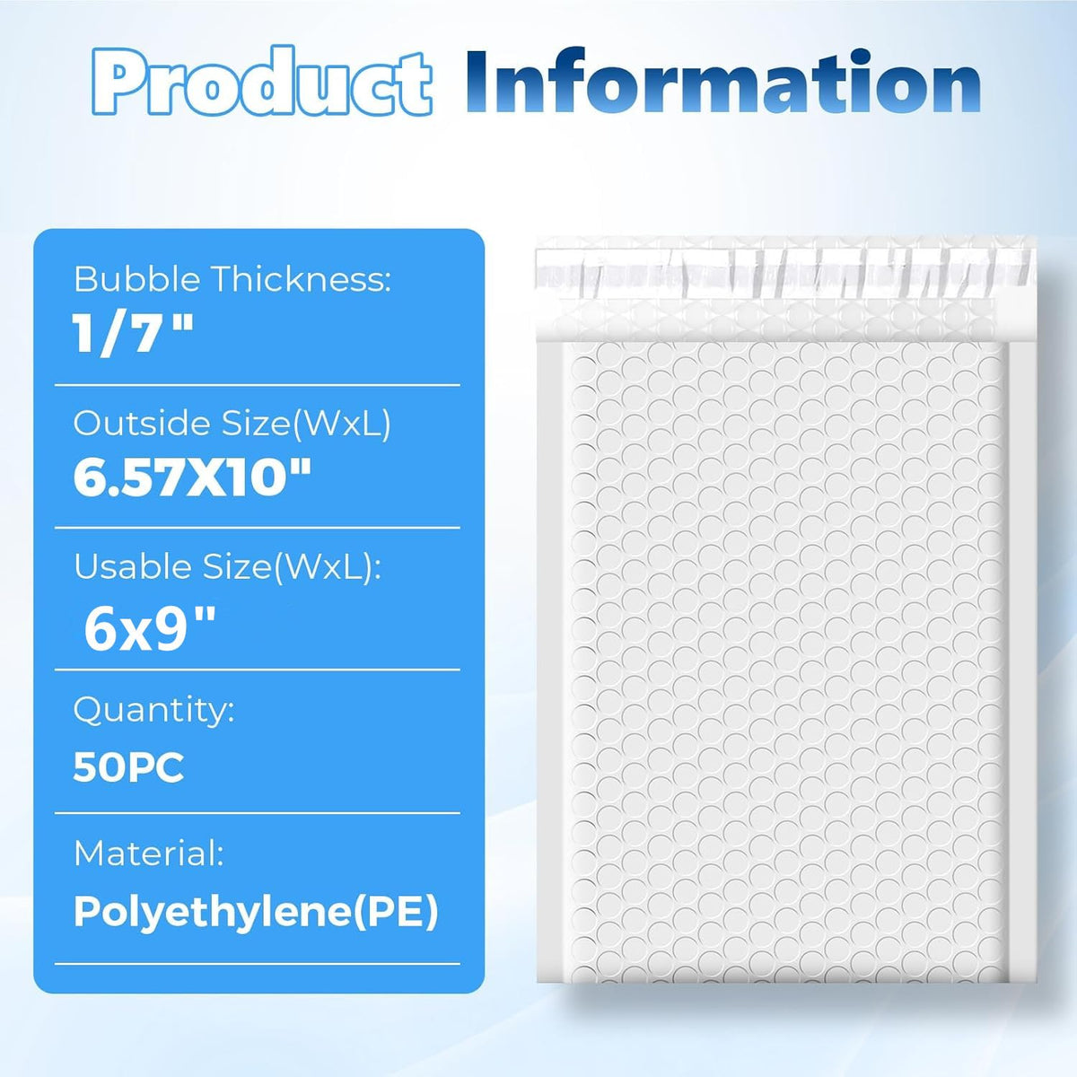 Metronic Bubble Mailers 6.57x10", Usable Size 6x9", 50 Pack, White Padded Envelopes, 50% Thicker 1/7" Bubble, Self Seal Waterproof Mailing Envelopes for CD,Jewelry & Small Business,#0