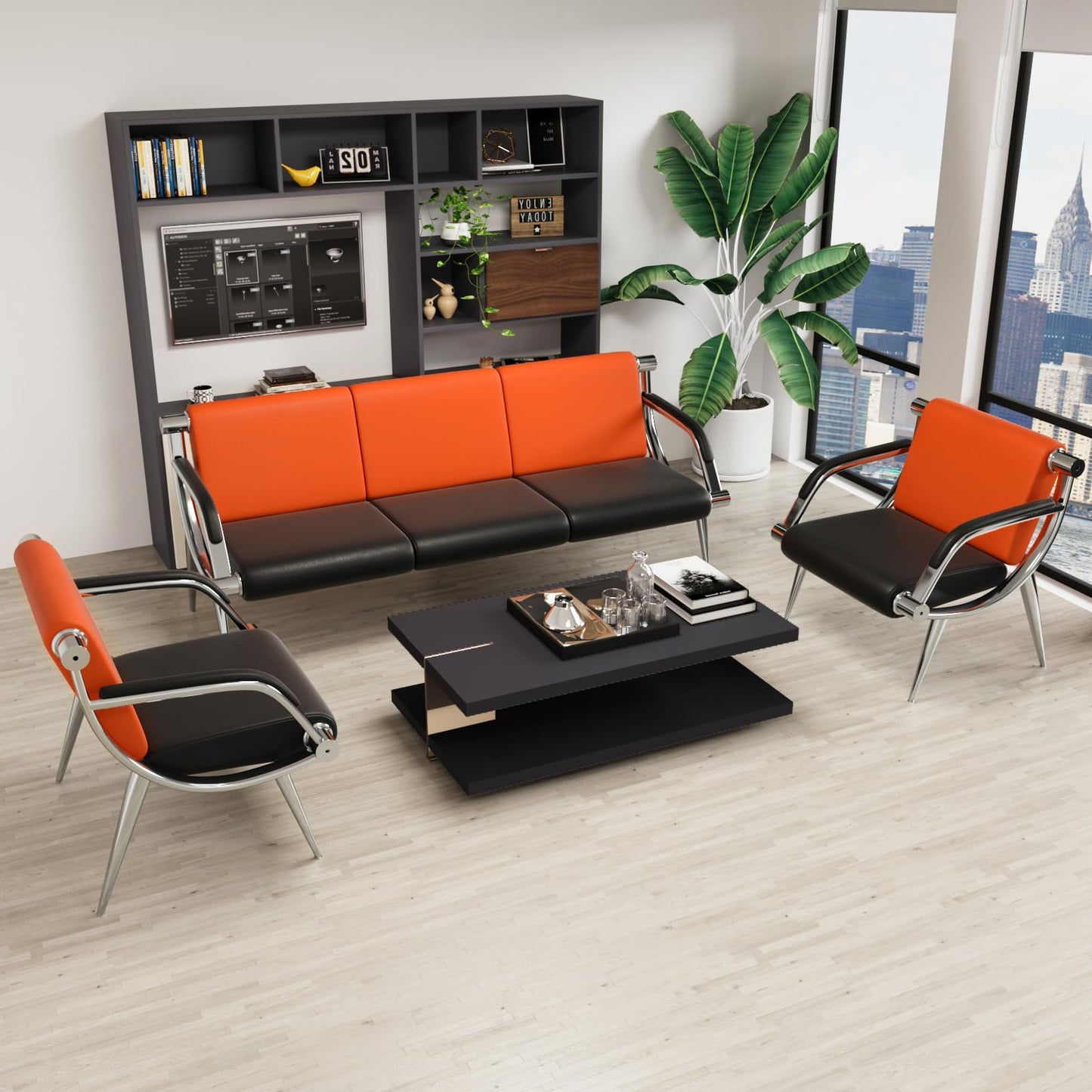 wonline 2Pcs Waiting Room Chair with Armrest PU Leather Office Furniture, Office Guest Seating Lobby Conference Reception Chairs for Airport Clinic Hospital Bank Salon Barber(Orange&Black)