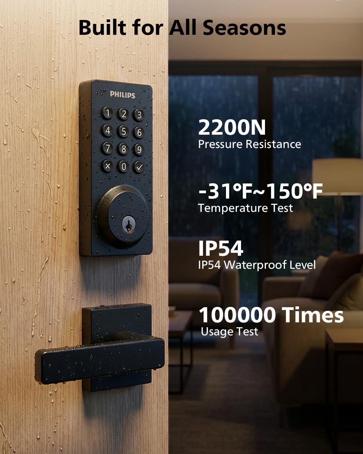 Philips WiFi Smart Door Lock with Handle, Built-in WiFi App Remote Control, Keyless Entry Door Locks for Front Door, Smart Deadbolt Auto Lock, Support Alexa & Google, IP54 Waterproof, Matte Black