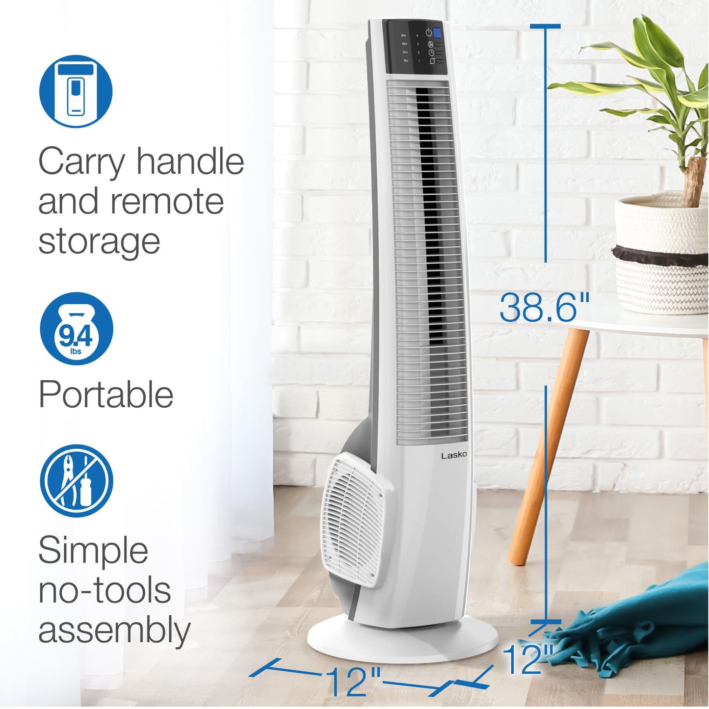 Lasko Oscillating Tower Fan with Remote Control - Tower Fan for Bedroom & Office, 4 Quiet Speeds, 38" White, T38400