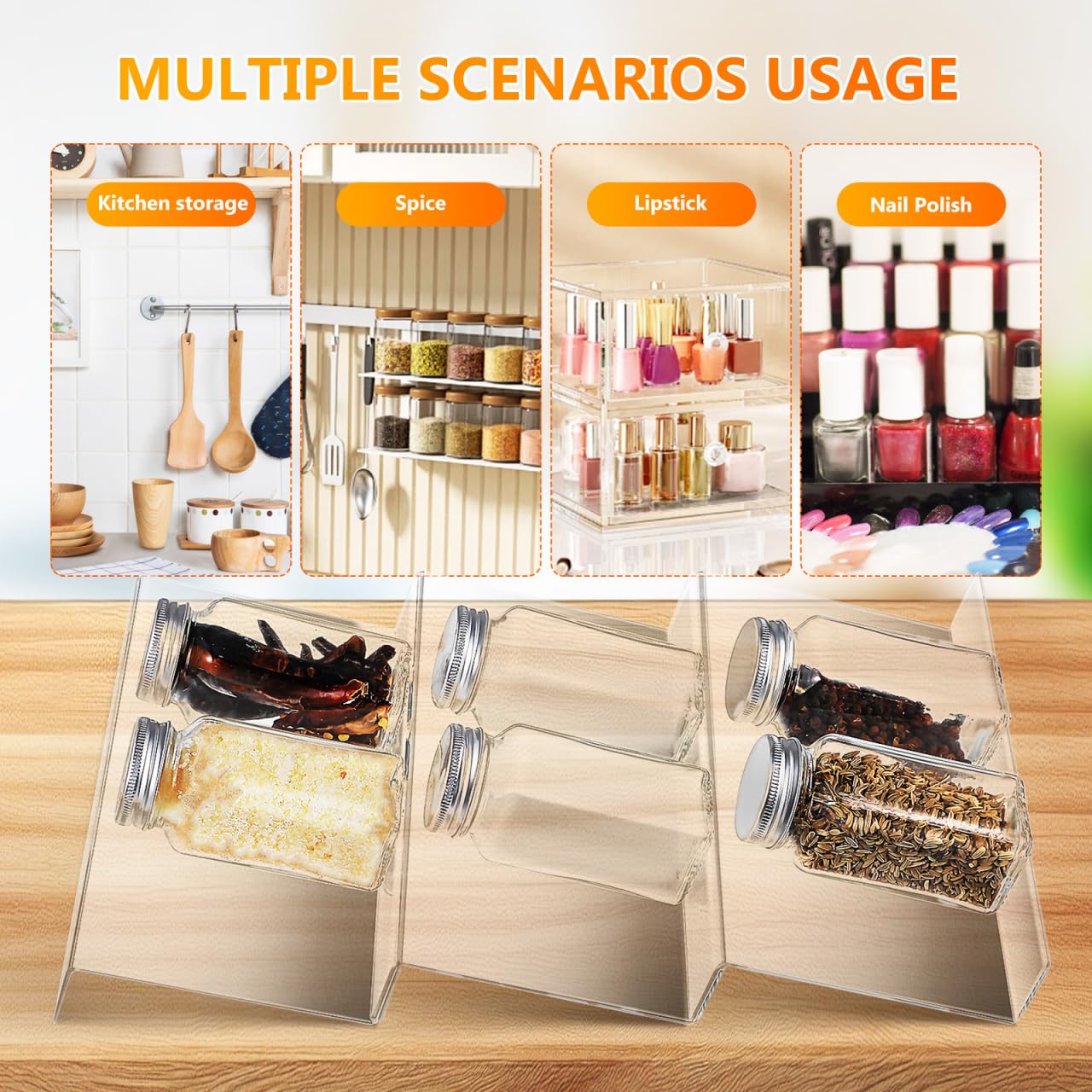 Cabilock 4 Pack Expandable Spice Drawer Organizer, Clear Acrylic Seasoning Rack for Kitchen Cabinet, 4-tier Tiered Tray Insert, Adjustable Wide Storage for Jars, Condiments & Nail Polish