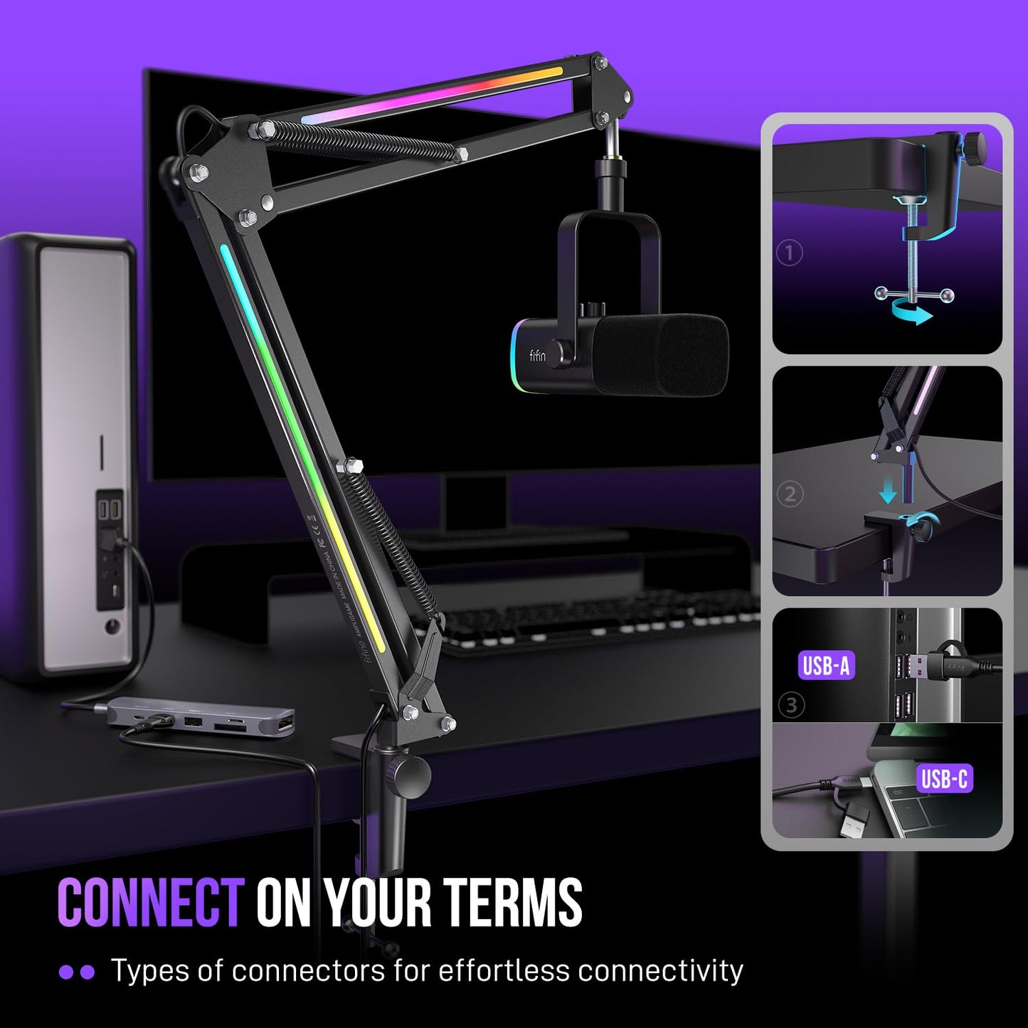 FIFINE Microphone Boom Arm, Metal Adjustable Mic Arm Stand with RGB Control, 3/8” to 5/8” Screw Adapter, Desk Mount Clamp, Suspension Scissor Mic Stand for Gaming Streaming Podcast-AmpliGame BM38