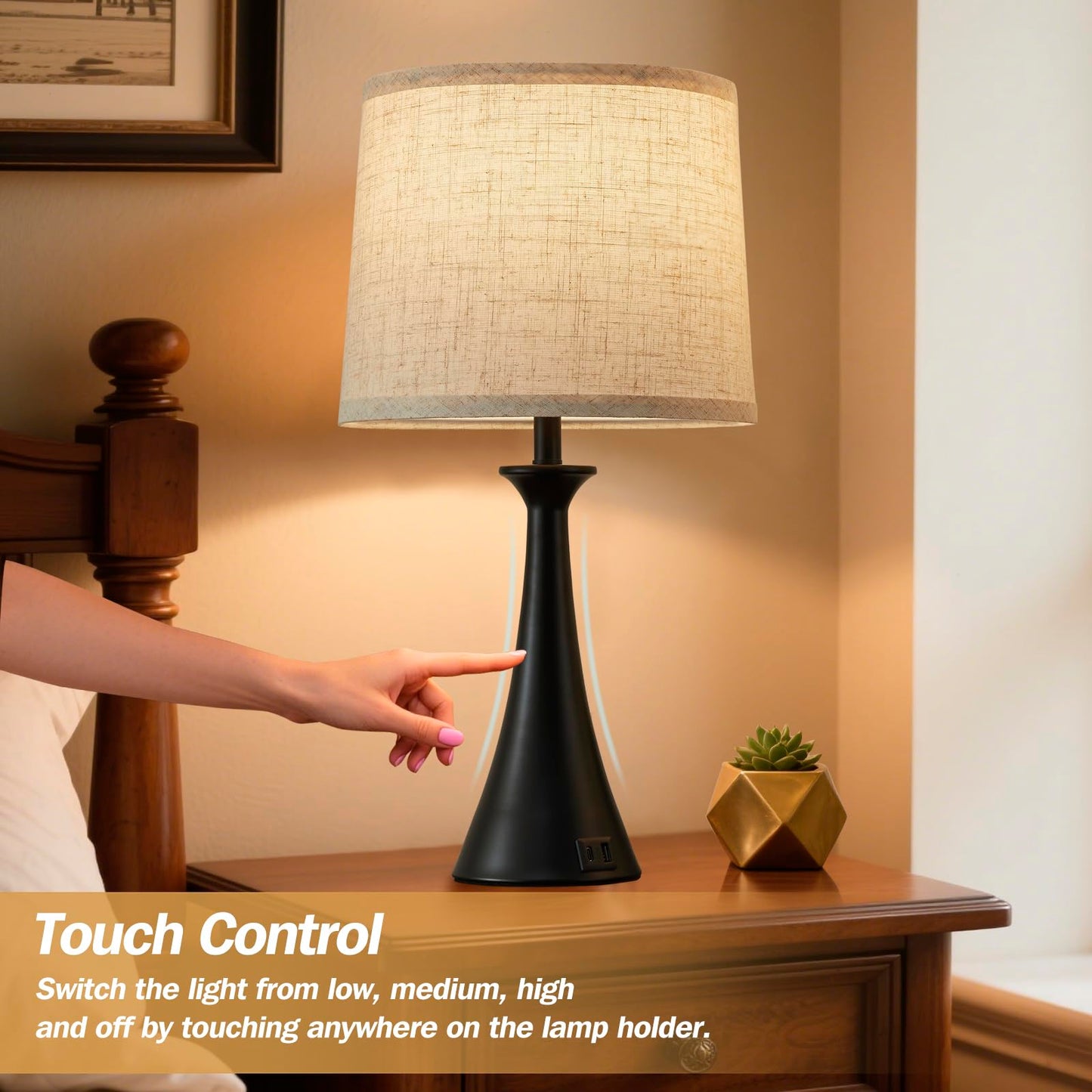 Hikczc Touch Lamp for Living Room Bedroom, 21" Table Lamps Set of 2 with USB C+A Ports, Touch Bedside Lamps for Nightstand with 3 Way Dimmable, 2 LED Bulbs Included, Black