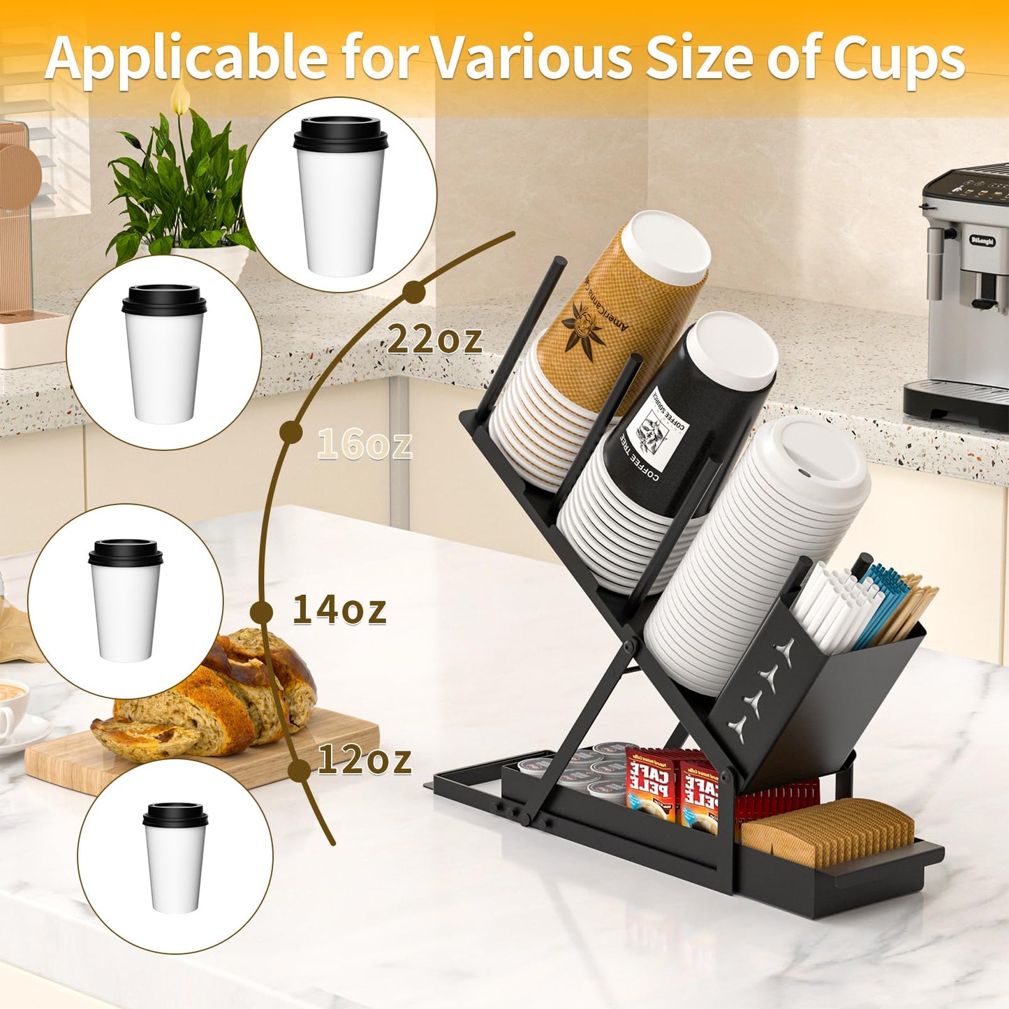 ZDDLOINP Cup and Lid Holder with Straw Organizer Coffee Station Organizer, Metal Cup Dispenser 5 Compartment Coffee Cup Holder for Coffee Bar Accessories, Disposable Paper Cups, Plastic Cups, Lids