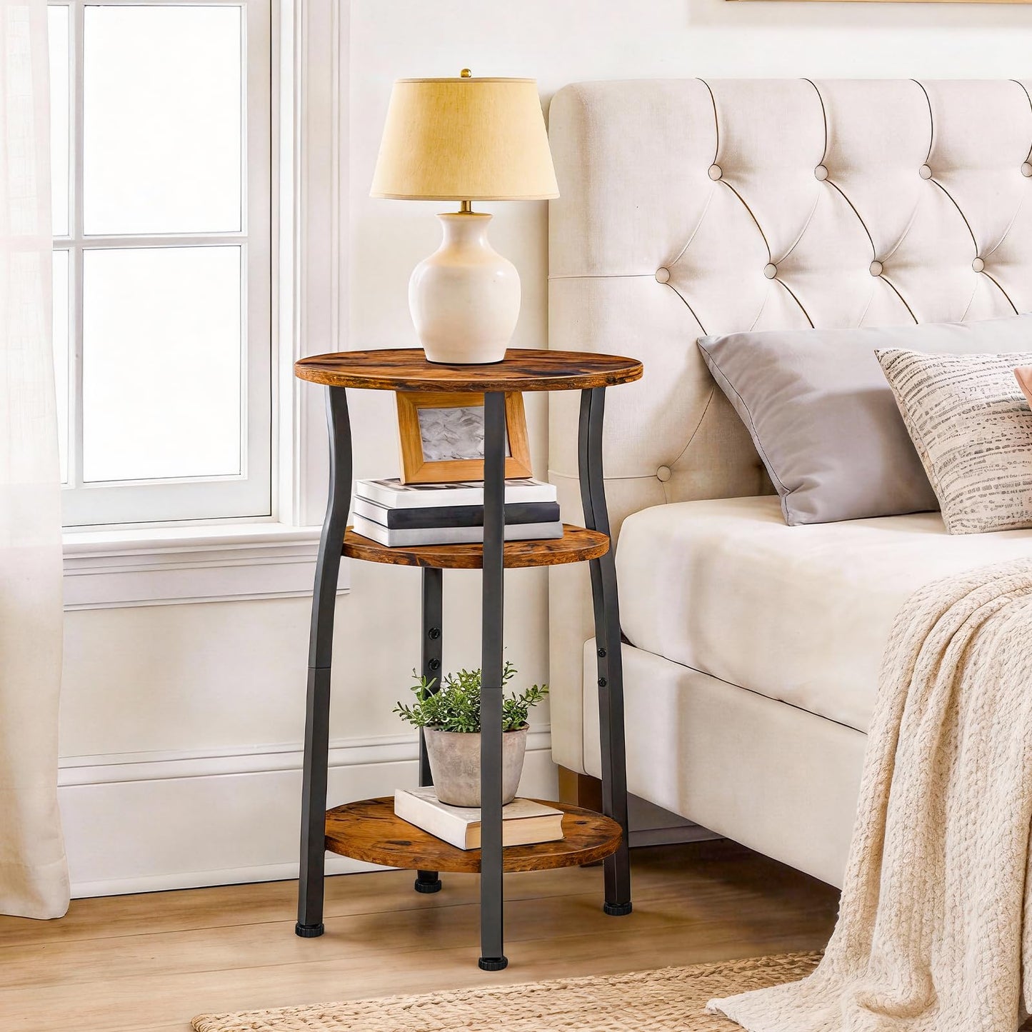 HOOBRO Narrow End Table with Storage, 3-Tier Small Oval Side Table, Slim Bedside Table for Small Spaces, Corner Sofa Table for Living Room, Bedroom, Rustic Brown and Black BF258BZ01