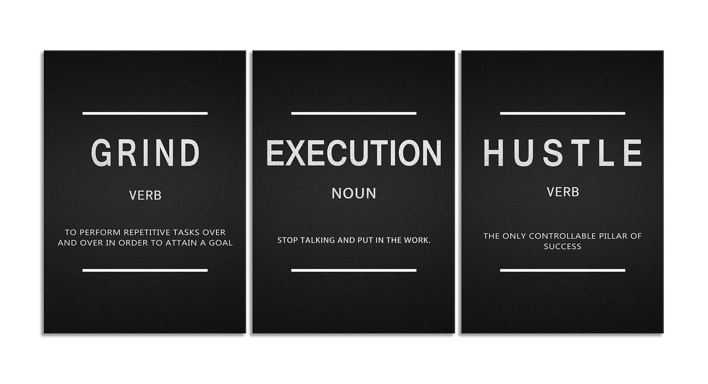 Large Success Quote Inspirational Wall Art Motivational Grind Hustle Execution Painting Entrepreneur Office Posters Prints Canvas Artwork 3 Panels Wall Decor for Office Framed Ready to Hang- 24"x36"x3