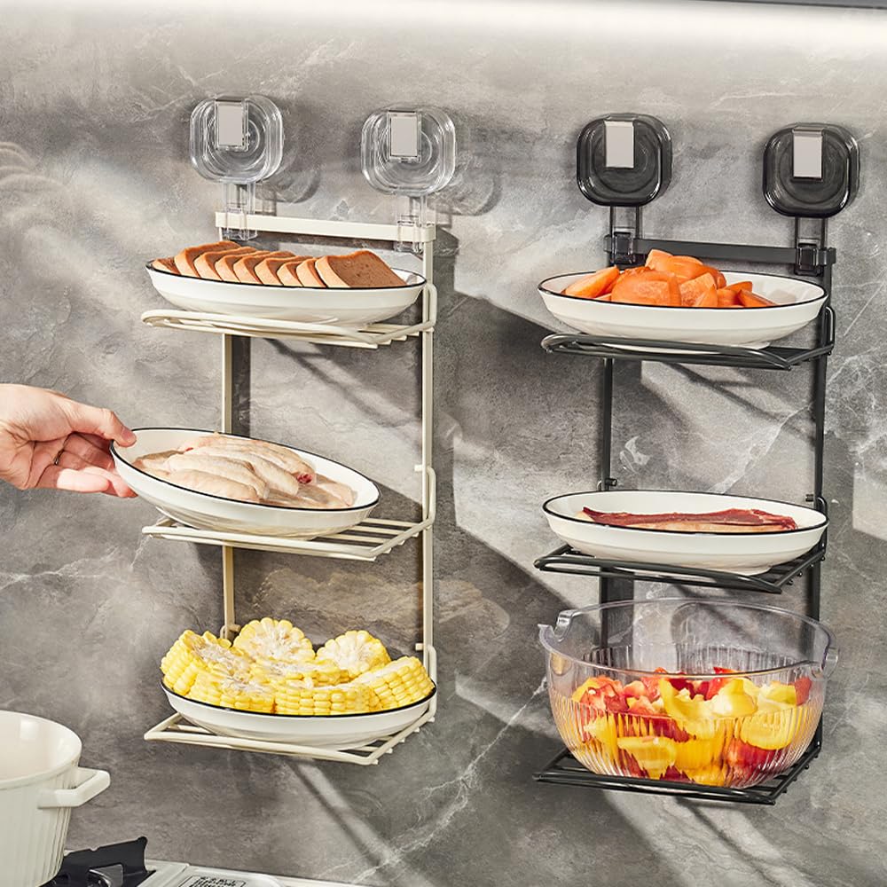 ELEFOCUS Suction Cup Kitchen Dish Storage Rack,3 Tier Food Preparation Tray,Wall Mounted Vegetable Tray Vegetable Preparation Rack,Multi-Layer Side Dish Storage Rack, Folding Non Perforated (White)
