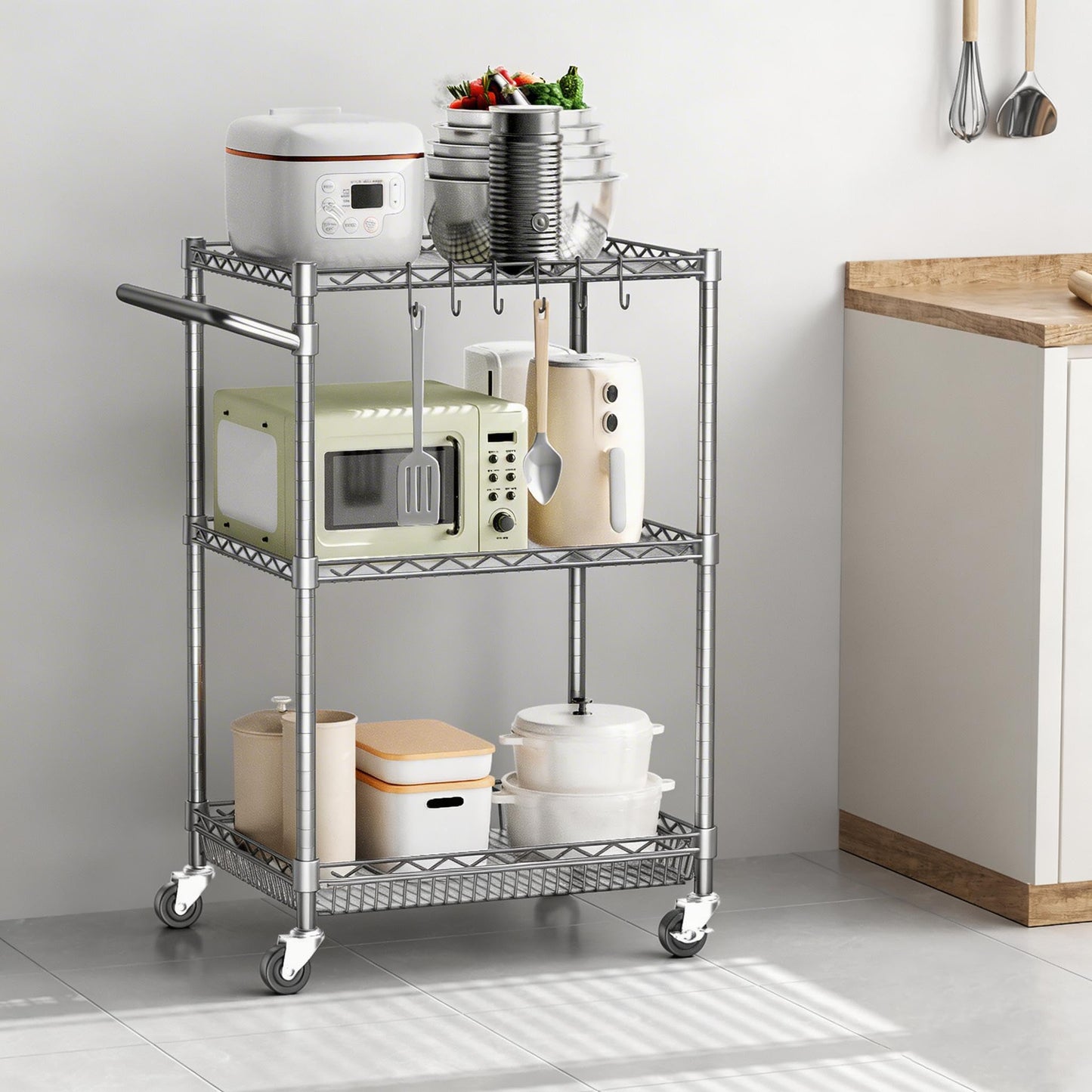 3 Tier Rolling Utility Metal Carts with Wheels NSF Heavy Duty Storage Cart 750Lbs Capacity Adjustable Kitchen Cart with Handle & Shelf Liner Commercial Service Trolley for Indoor & Outdoor Use