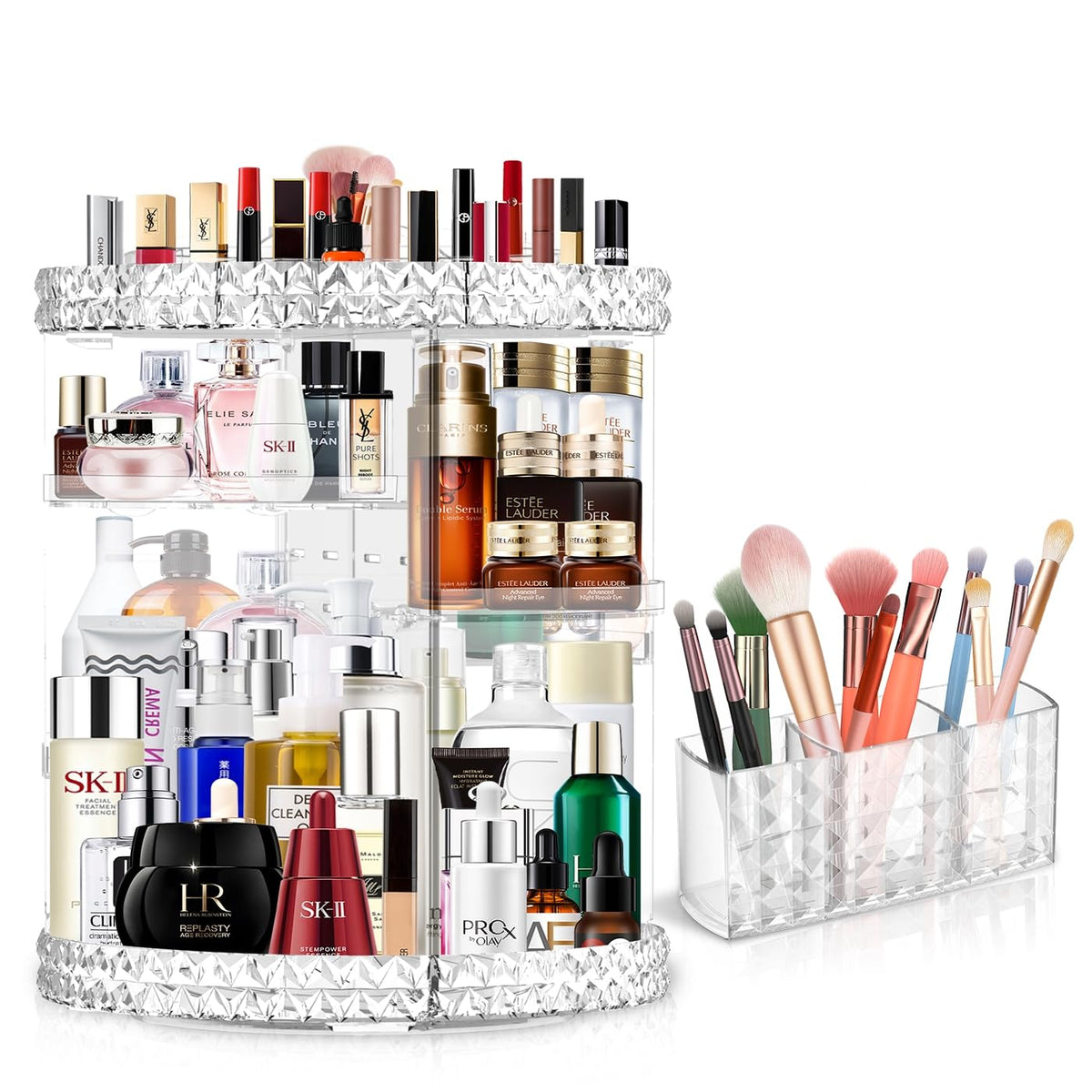 360 Rotating Makeup Organizer for Vanity + Makeup Brush Holder,Perfume Organizer with 6 DIY Adjustable Layer,Large Capacity Skincare Organizers,Lazy Susan Make up Organizer for Bedroom Dresser,Clear
