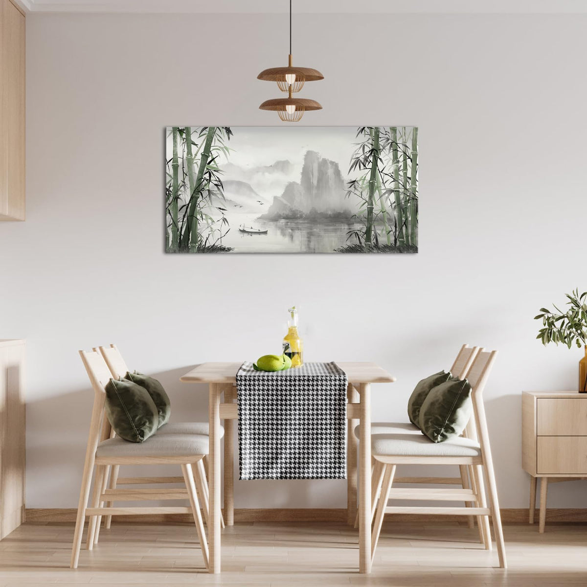 Biuteawal Black and White Nature Landscape Wall Art Green Bamboo Picture Canvas Artwork Chinese Style Shanshui Painting Home Office Decor Framed
