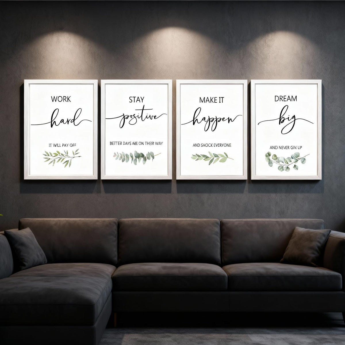 Motivational Wall Art Set of 4, 16 x 11 Inch Framed Inspirational Quotes Prints, Wooden Frame Modern Home Decor for Bedroom, Office, Living Room
