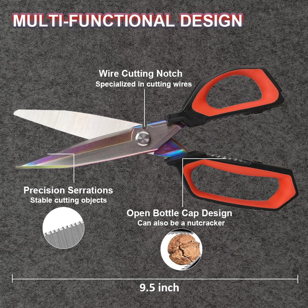 FTECYBO Heavy Duty Scissors 9.5'', Titanium Coating Forged Stainless Steel Blades, Industrial Utility Shears for Garage, Household, Construction, easy Cutting Cardboard, Wire, Leather, Carpet.