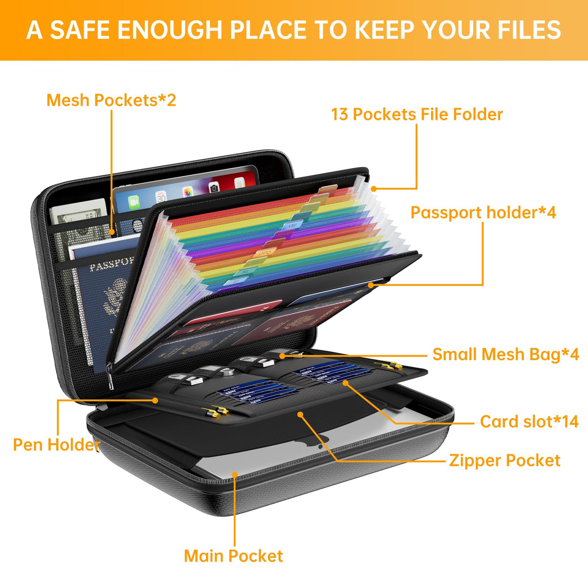DocSafe Fireproof File Organizer with Lock, Hard-Shell Case Fireproof Document Box with 13 Pocket Accordion File Folder, Portable Home Office Travel Safe Storage for Important Documents Laptop Black