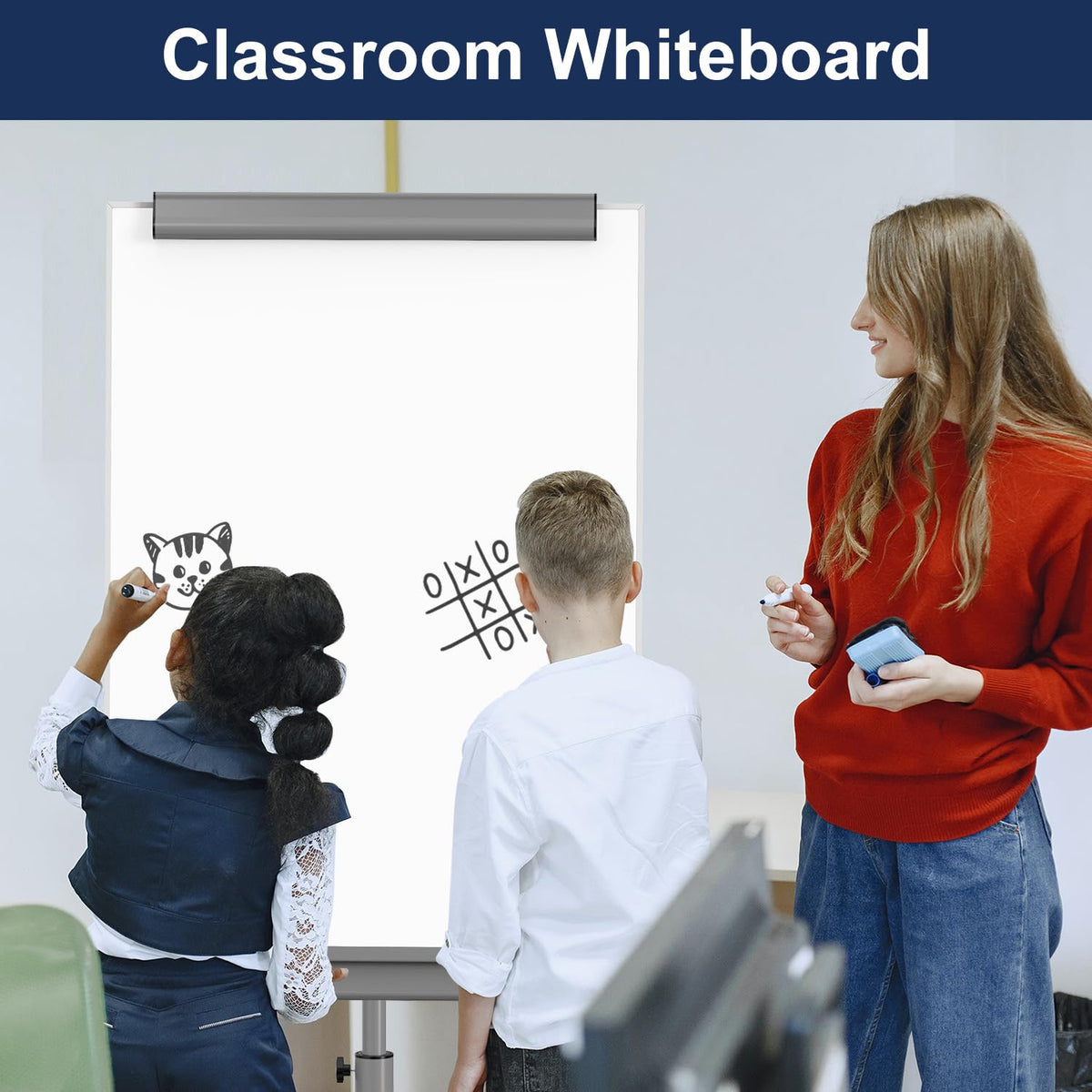 TSJ OFFICE Rolling Whiteboard Standing - 40 x 26 Inches Magnetic Mobile White Board with Stand, Height Adjustable Dry Erase Board on Wheels with Paper Clamp on Top, Gray