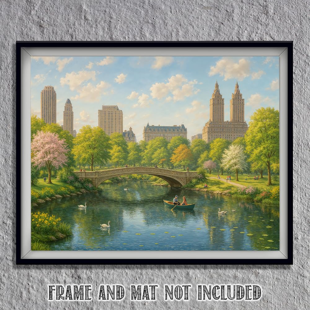 Romantic New York City Central Park in the Spring Painting 11x14 Unframed Poster – Classic Bow Bridge Artwork, NYC Landscape Print for Living Room, Bedroom, Home Office, Condo, or Apartment Décor