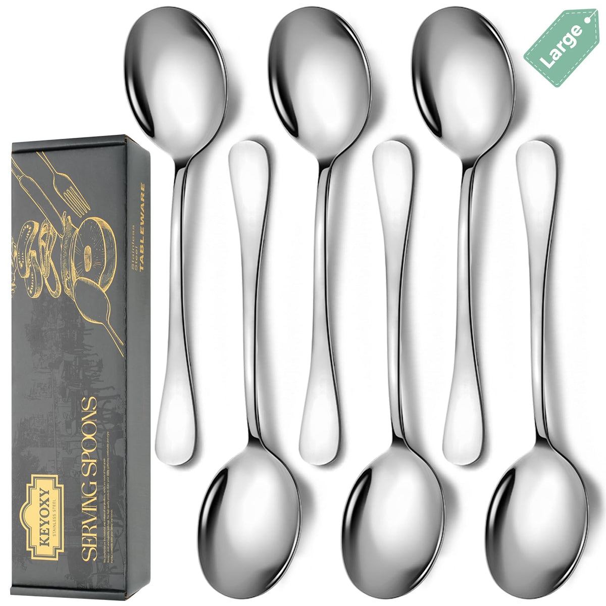 Keyoxy Stainless Steel Serving Spoons Set, 6pc, 10-Inch, Includes 6 Large Spoons, for Parties/Kitchen/Buffet/Catering, Dishwasher Safe