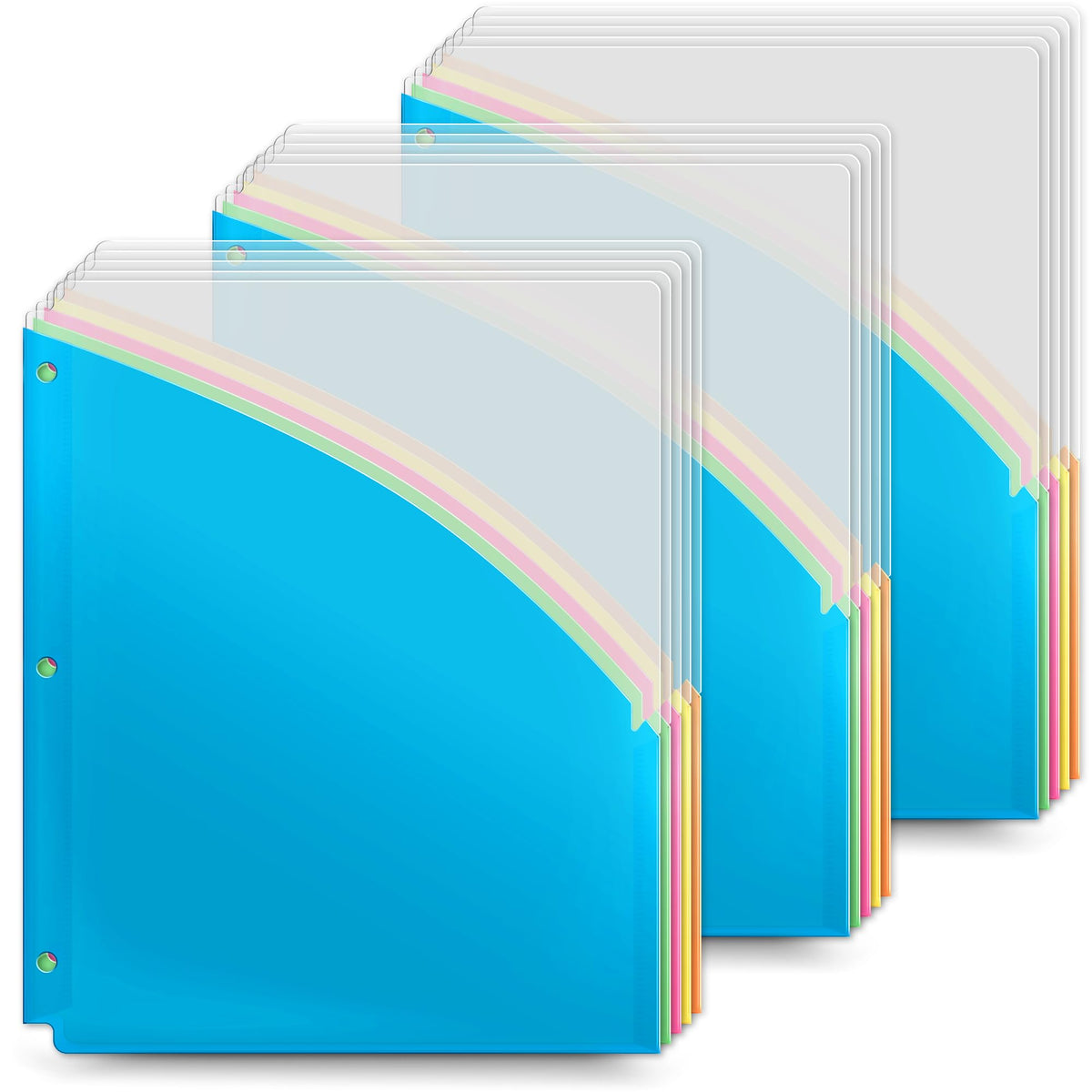 Dunwell Plastic Binder Pocket 3 Hole Punched (3 Sets, 15 Count) Slash File Jackets for 8.5x11 Paper, Project Sleeves for 3 Ring Binder, No Tab, 5 Color Dividers with Front & Back Pockets