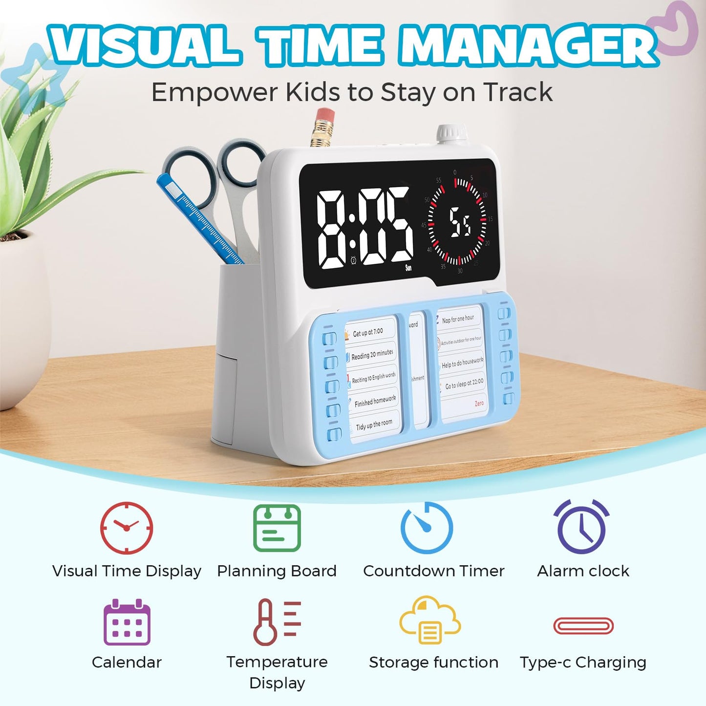 Spoottool 7-in-1 Visual Timer for Kids & Adults with Task Planner – ADHD Time Management Tool with Alarm, Countdown, Calendar, Temperature Display & Storage – Ideal for Home, School (Blue)