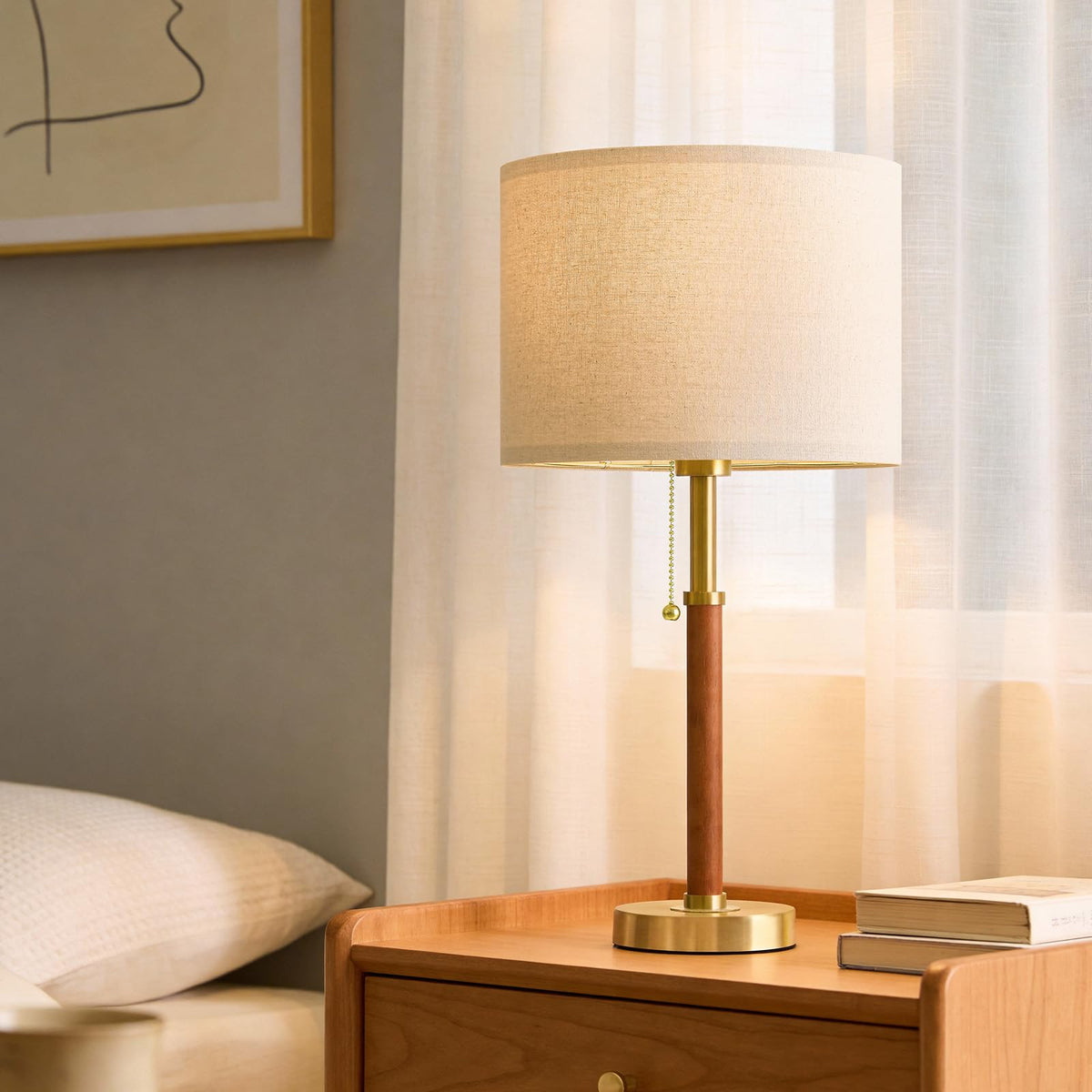 G-SAFAVA 22" Wood Table Lamps Mid Century Modern Lamp for Bedroom Living Room Bedside Lamps for Night Stands Nightstand Lamp with Pull Chain Gold Small Side End Table Lamps Set of 2 Vintage Deco Gifts