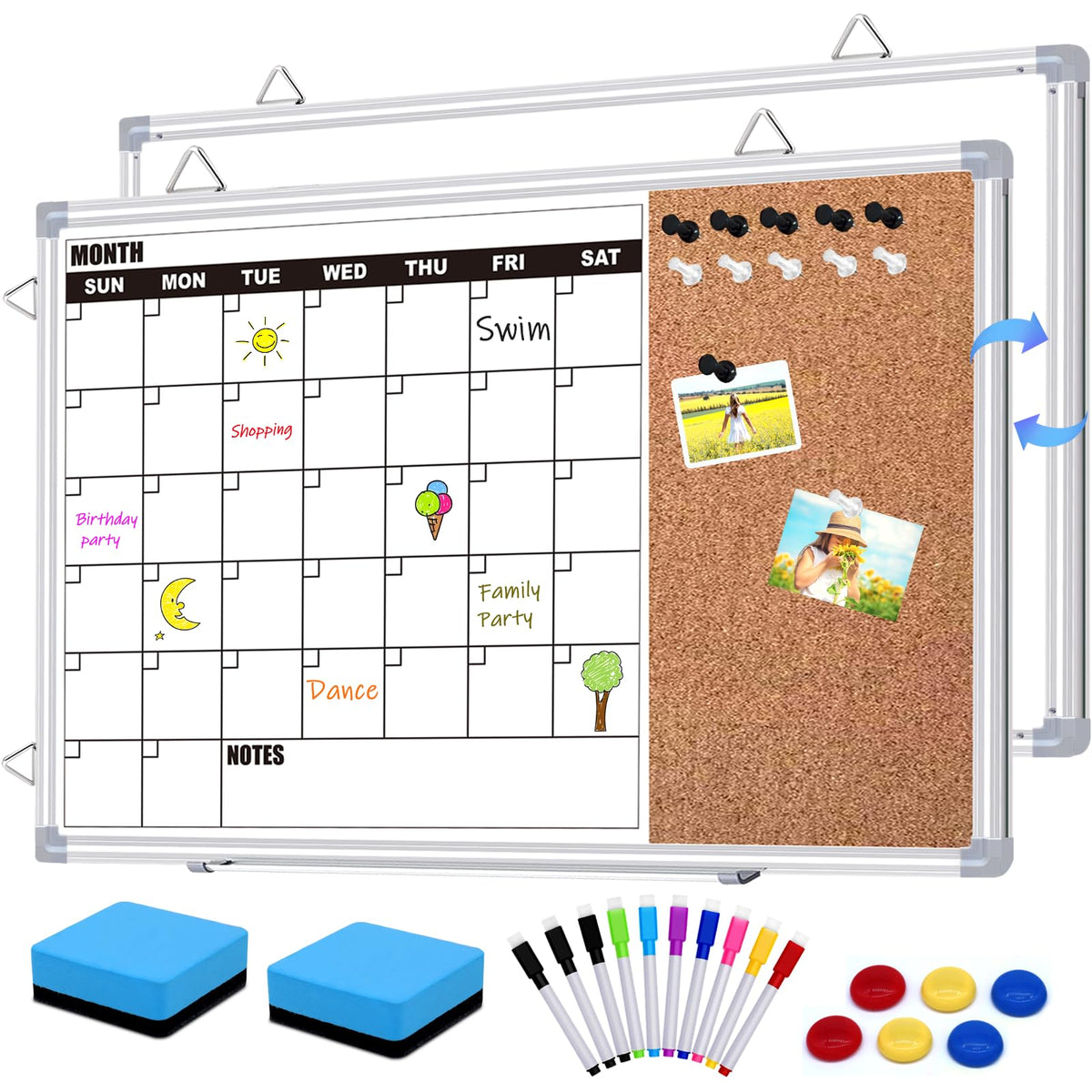 YUYIUS Calendar Whiteboard for Wall, 16" x 12" Double Sided Monthly Dry Erase Board Calendar for Office, Home, School, Hanging Cork Board White Board Combo, Portable Magnetic Dry Erase Planner Board