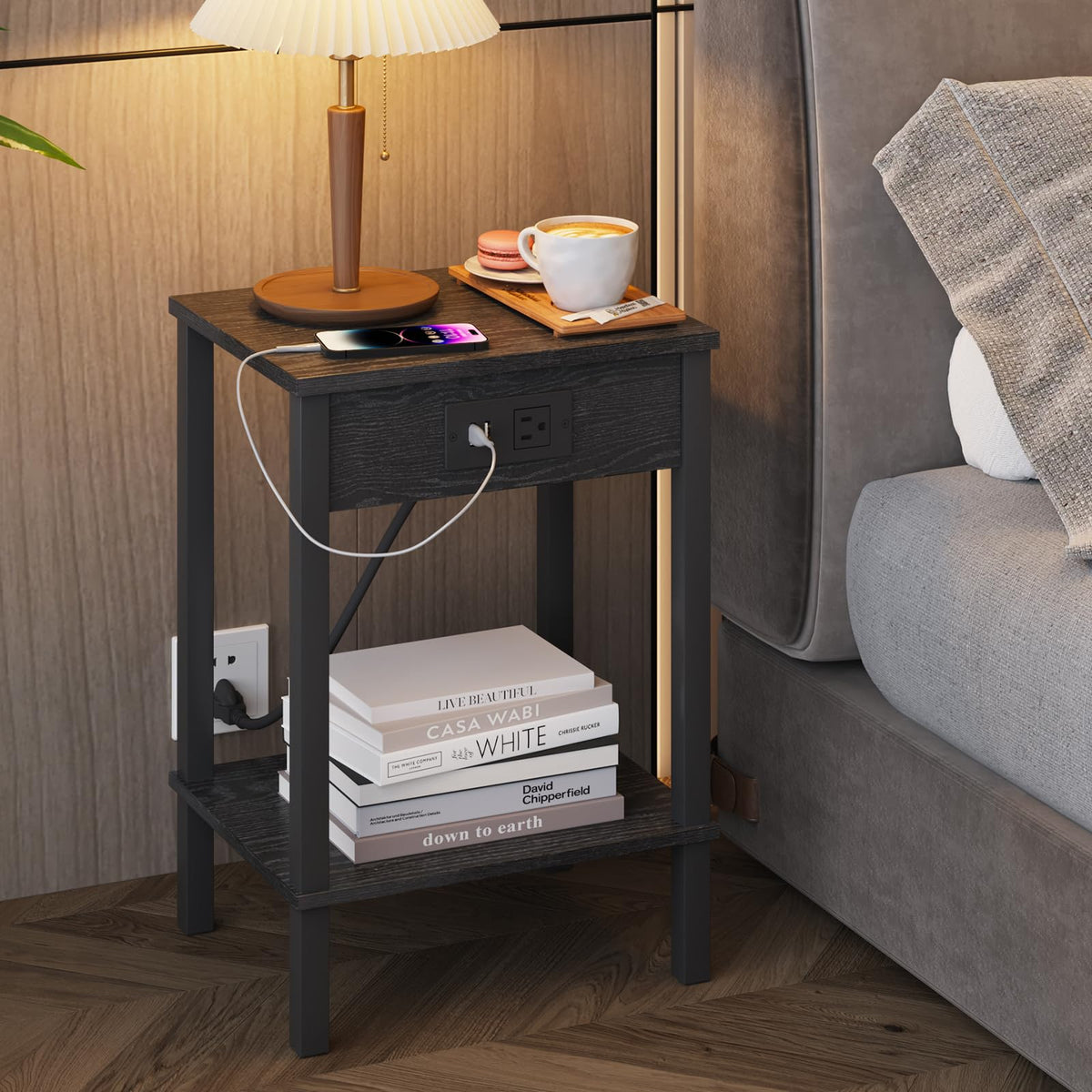 VIMBER Side Table with Charging Station, Set of 2 End Tables with USB Port and Outlets, Nightstands with 2-Tier Storage Shelves, Sofa Table for Small Space, Living Room, Bedroom Black 102B2
