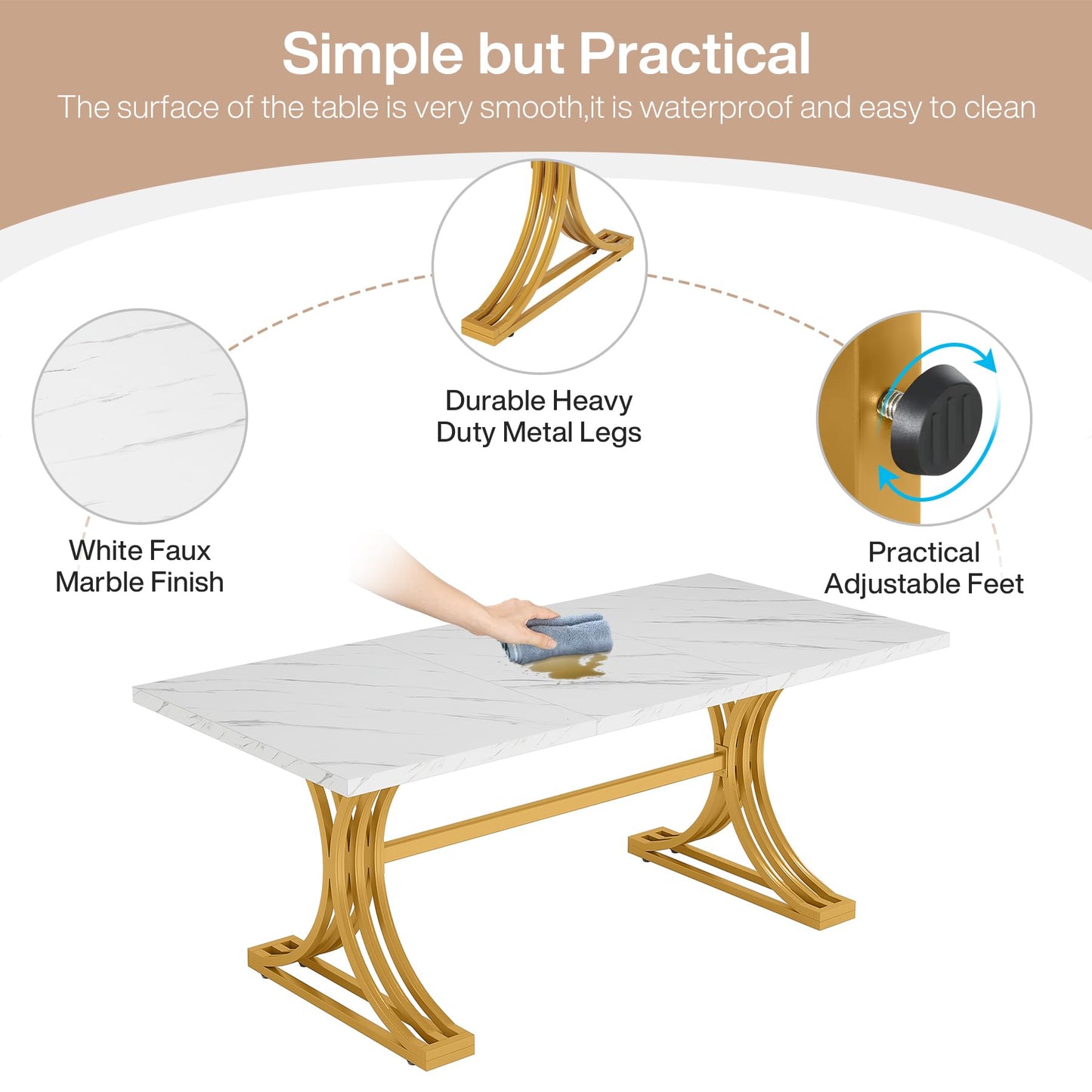 Tribesigns 63-Inch Rectangular Dining Table for 4 to 6, Modern Kitchen Tables with Stylish Metal Trestle Legs, Large Dinner Tables for Dining Room, Only Table (White+Gold)