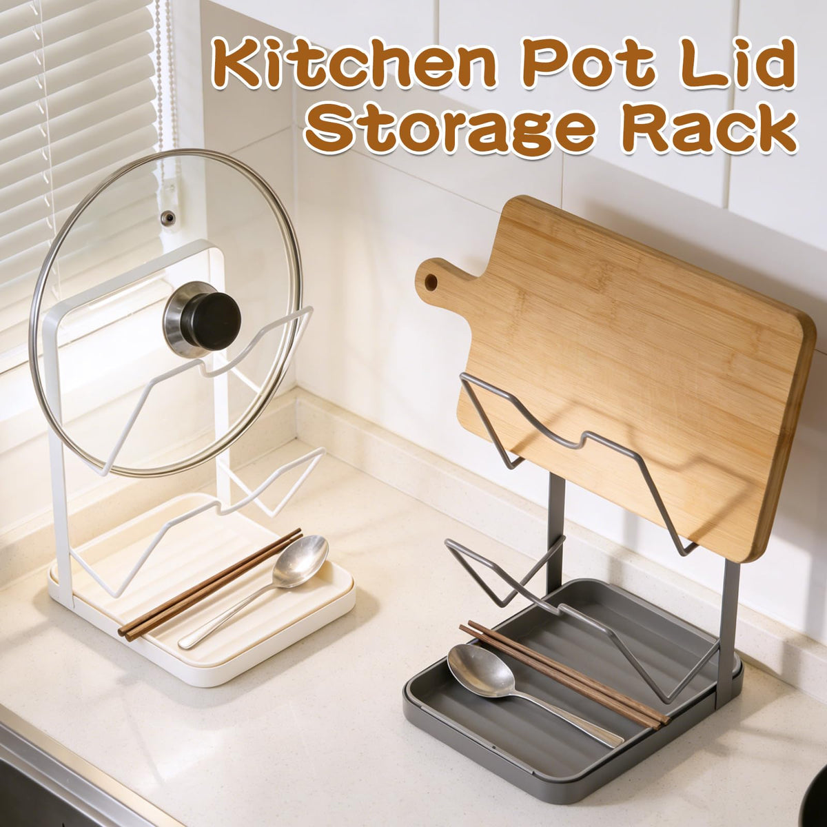 Kitchen Pot Lid Storage Rack, Double-Layer Pot Lid Organizer with Removable Drip Tray,Pot Lid Holder While Cooking,Space-Saving kitchen Countertop Organizer Storage for Pots Pans & Cutting Boards