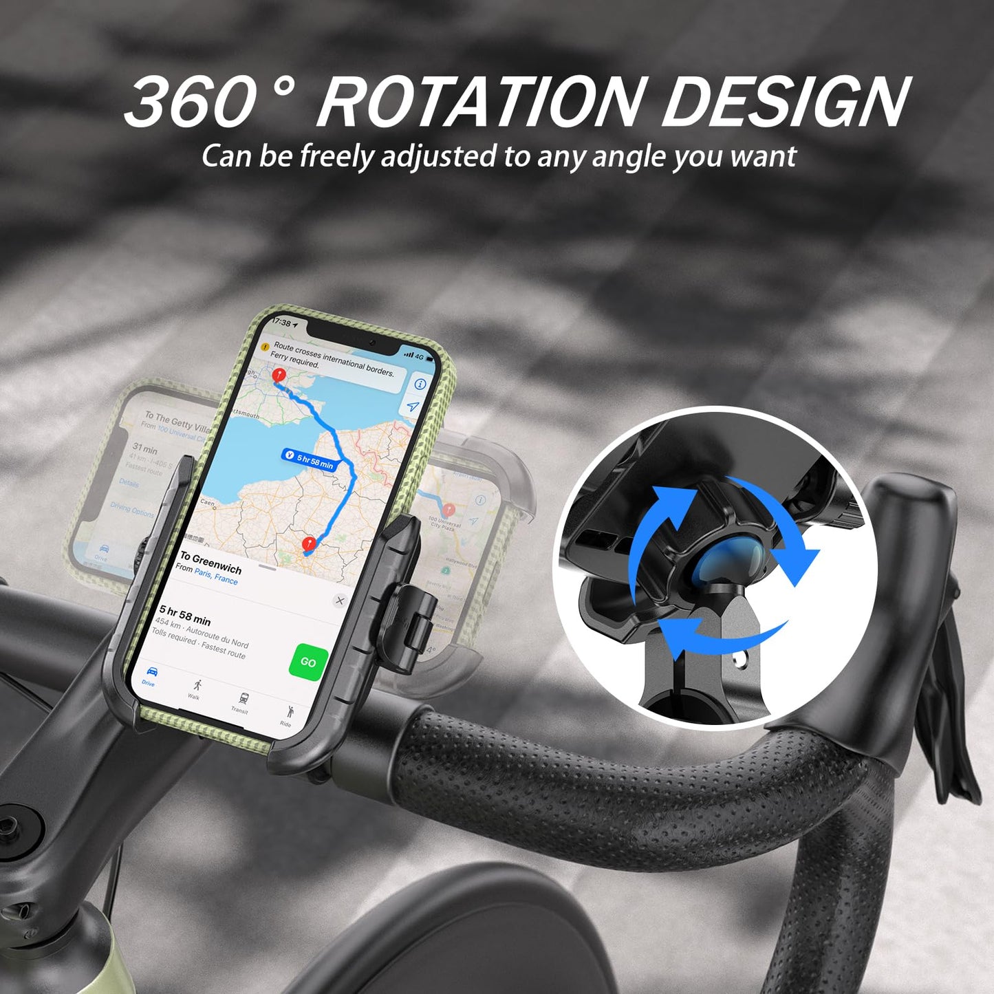 LOKTENWO Bike Motorcycle Phone Mount with Aluminum Alloy Mounting Base, [1s Lock & Release] [Camera Friendly] Bicycle Handlebar Cell Phone Holder for Scooter ATV, Fit 5.4-7.2" Smartphone