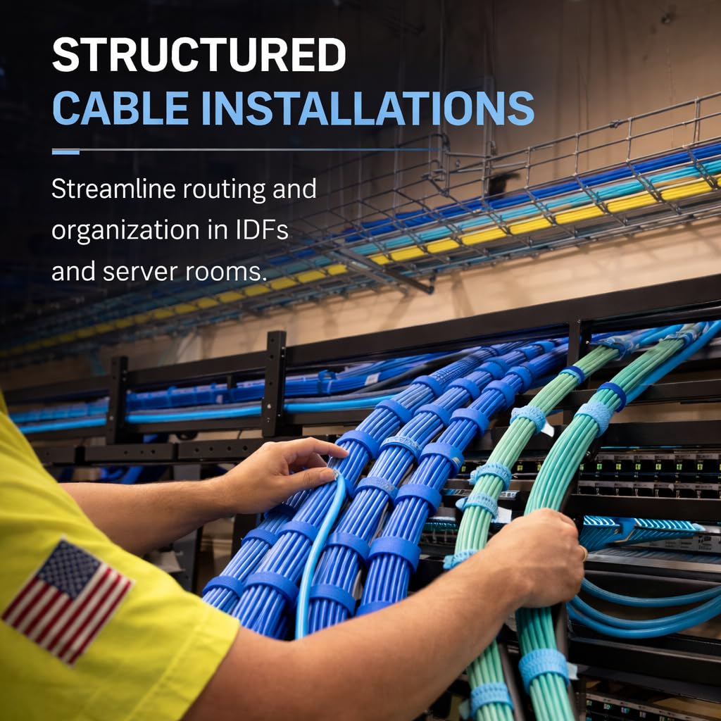 10 Self-gripping Rolls Designed for IDF, Server Racks & Data Centers | Structured Cabling | Cable Wrap for Fiber Optic Cable and Tenecom Cable System Installs (Blue)