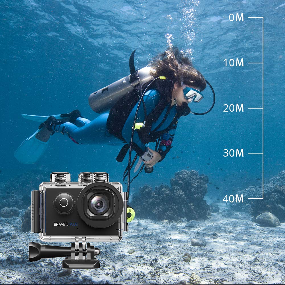 AKASO Brave 6 Plus Native 4K30FPS 20MP WiFi Action Camera with Touch Screen EIS 4X Zoom Voice Control Remote Control 131 Feet Underwater Camera with 2X 1350mAh Batteries and Helmet Accessories Kit