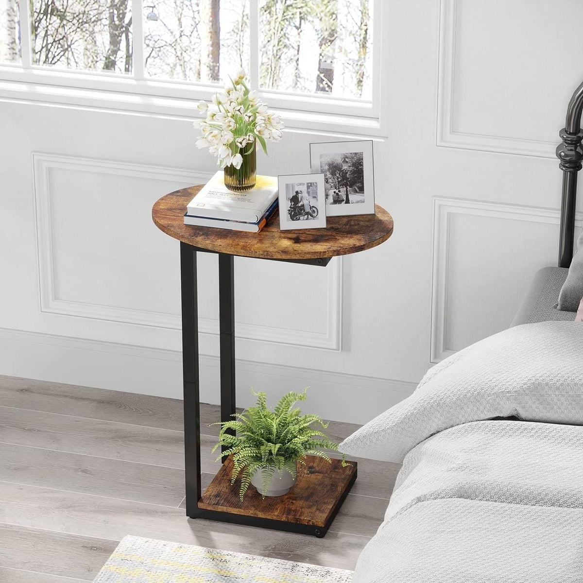 Hosfais Side Table Small End Table, C-Shaped Wood Sofa Table with Metal Frame for Living Room, Bedroom, Small Spaces (Rustic Brown)