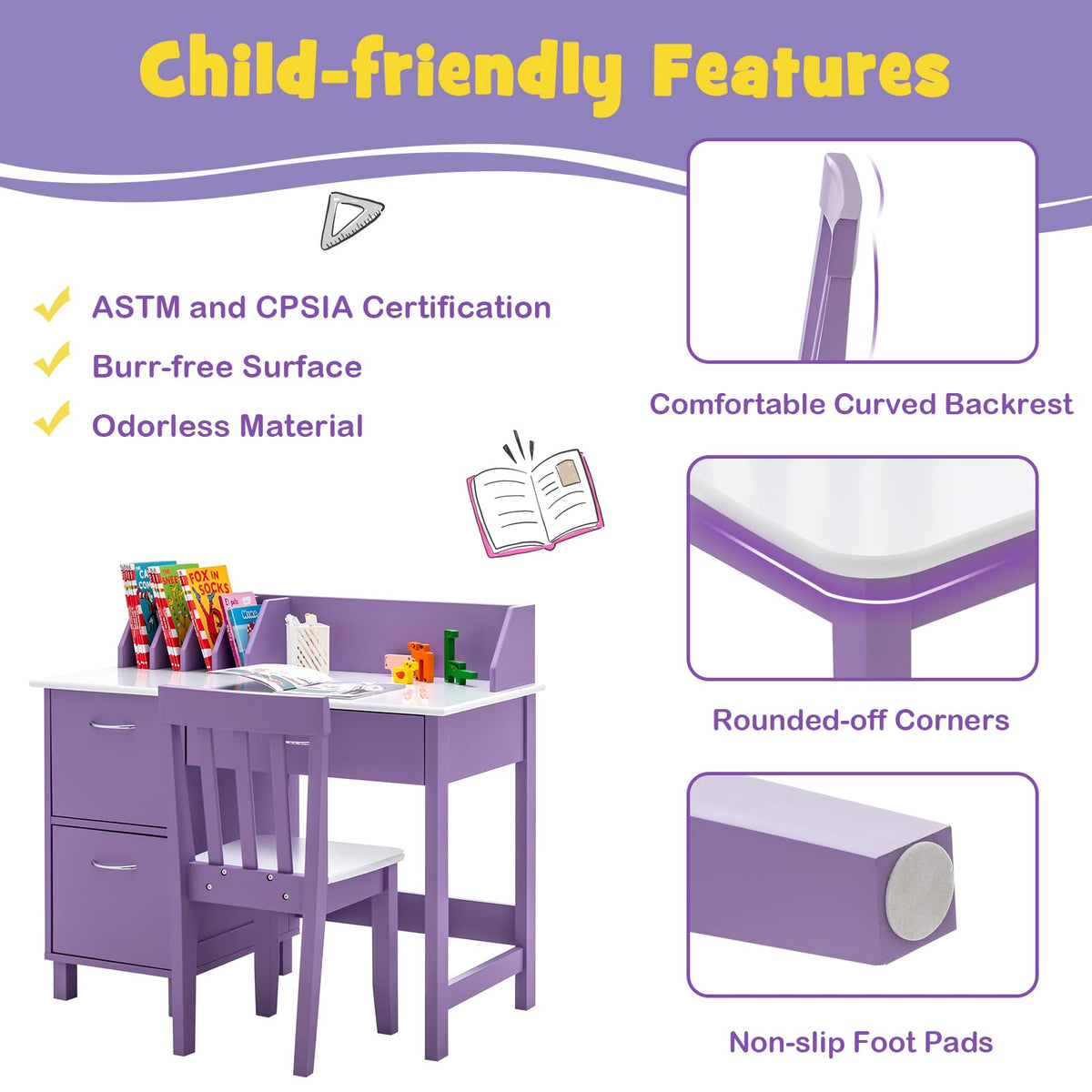 Costzon Kids Desk and Chair Set, Children Wooden School Learning Table w/Drawer & Storage Cabinets, Student Writing Computer Workstation for Bedroom & Study Room, Gift for Ages 3-8 (Purple)