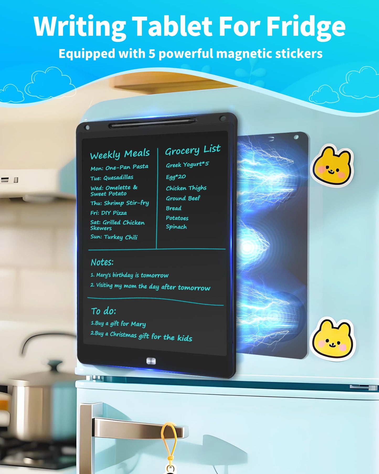 Magnetic LCD Writing Tablet for Fridge,16 Inch Large Drawing Tablet, Drawing Pads for Kids, Reusable Whiteboard for Fridge, Reusable Writing Board for to-Do Lists and Family Messages (Black)