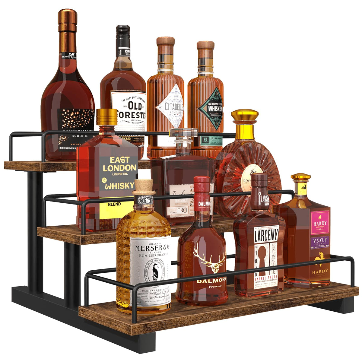 Homode Liquor Bottle Display Shelf, Coffee Syrup Rack Organizer, 3 Tier Wine Rack Countertop, Home Retro Bar Shelf Stand Holder for Liquor Whiskey Spirits, Mini Bar, Liquor Cabinet, Rustic Brown