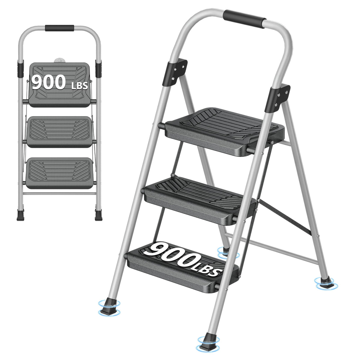 DIAMONDFORGE 3 Step Ladder, Folding Step Stool with Anti-Slip Wide Pedal, Soft Handle, Anti-Slip Feet, Sturdiest Steel Construction, 900lbs Capacity Steel Ladder for Home and Office, GrayBlack