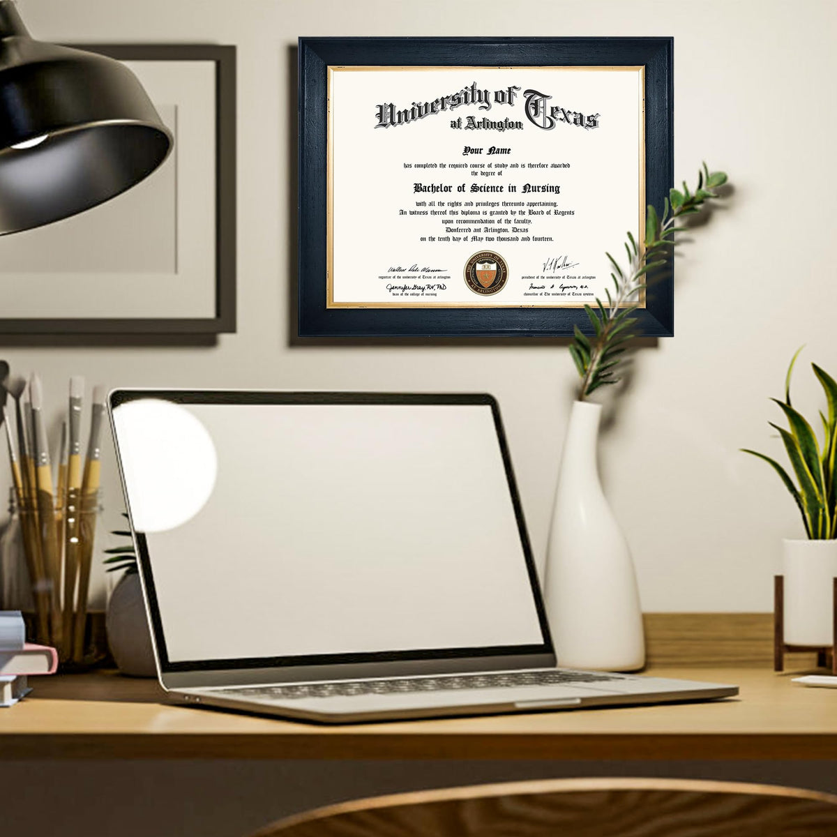 GMFrames 8.5x11 Wood Diploma Frame, Tempered Glass, Rustic Black Finish with Gold Trim