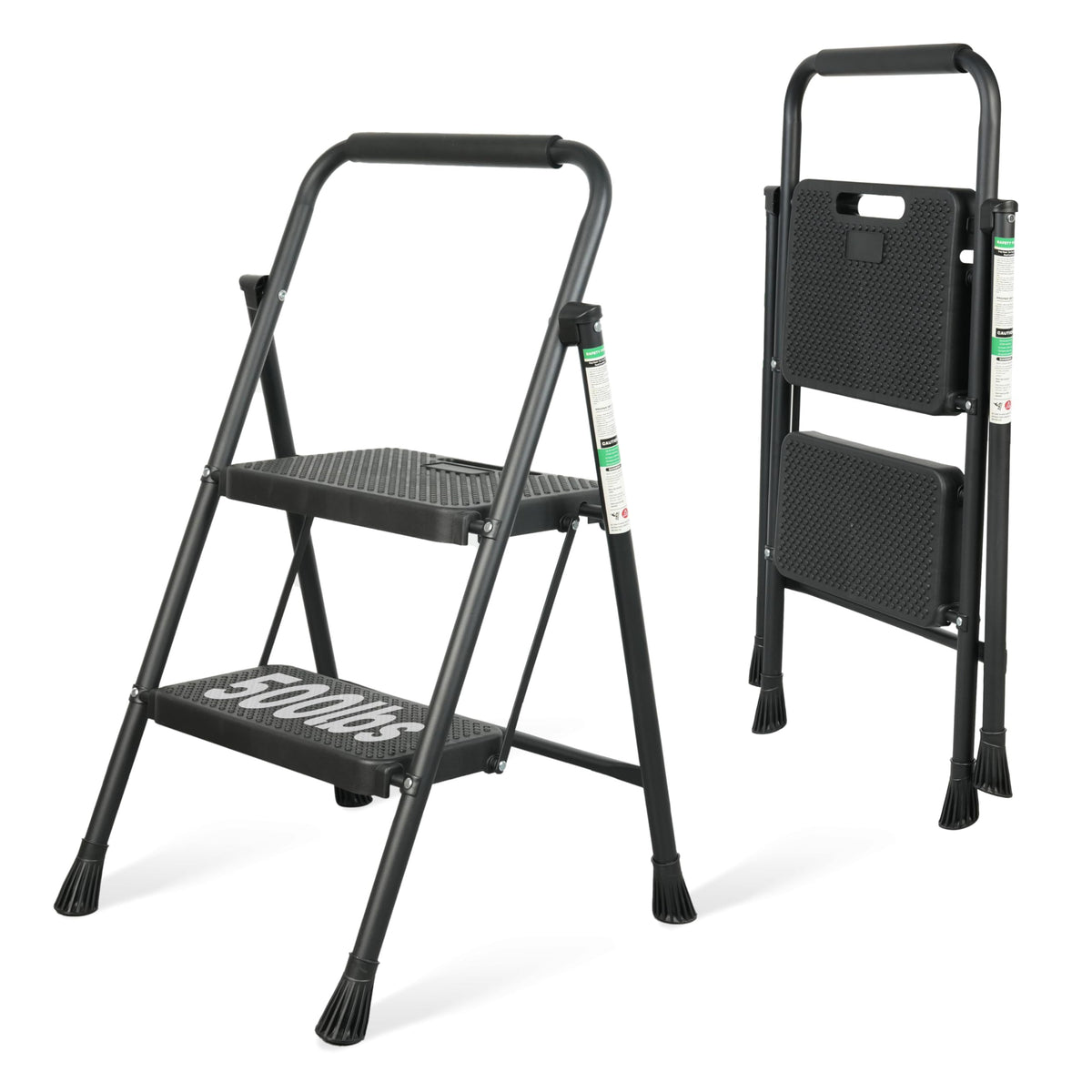 Step Ladder, Portable Steel Folding Step Stool with Wide Anti-Slip Pedal & Convenient Handgrip, Sturdy Steel Ladder, 2-Step, Black