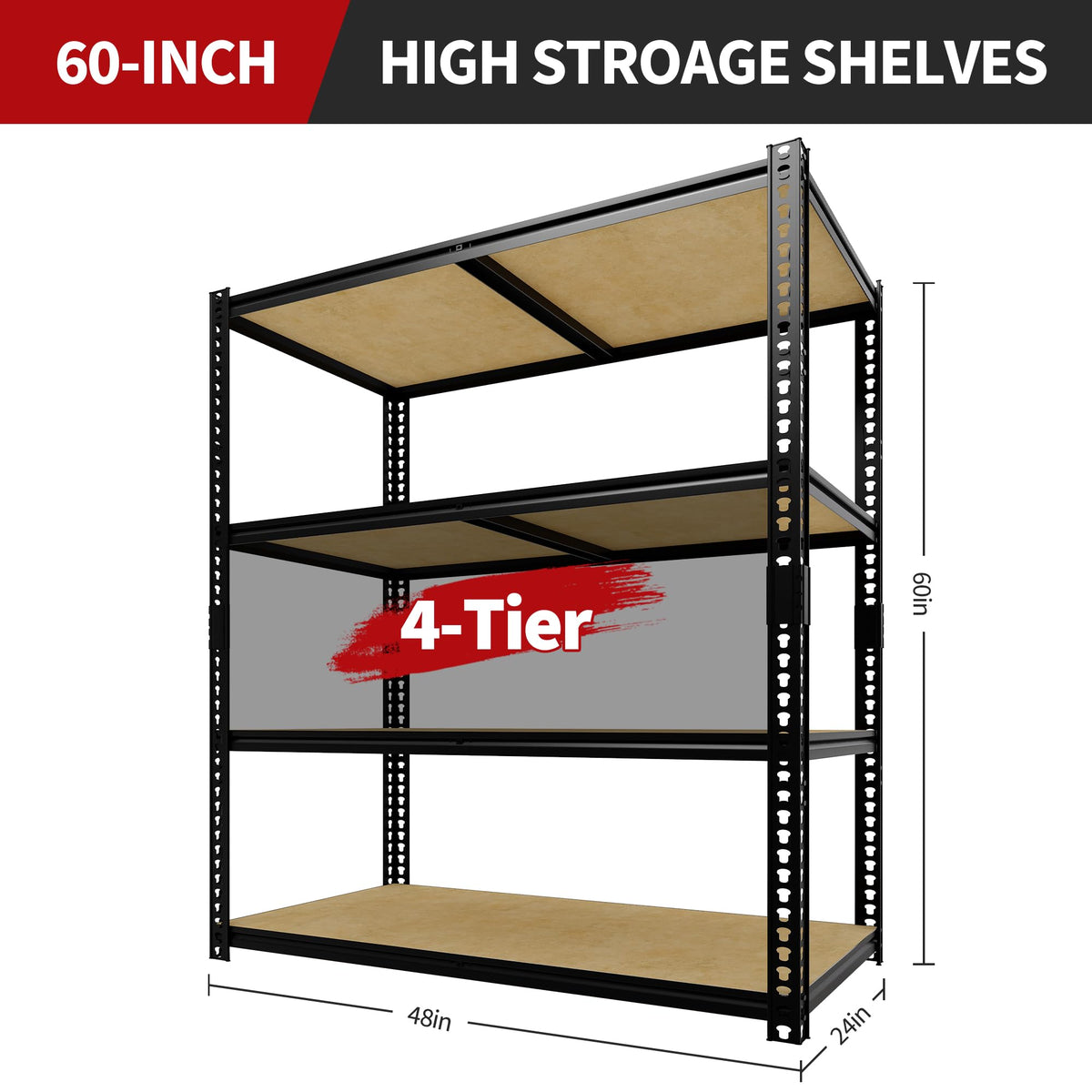 Heavy Duty Metal Storage Shelves, Adjustable 4-Tier Garage Shelving Unit with Eco-Friendly MDF Wood Board, 48" L x 24" W x 59.8" H, 640 lbs Load Capacity Per Shelf, Black, Ideal for Warehouse Storage