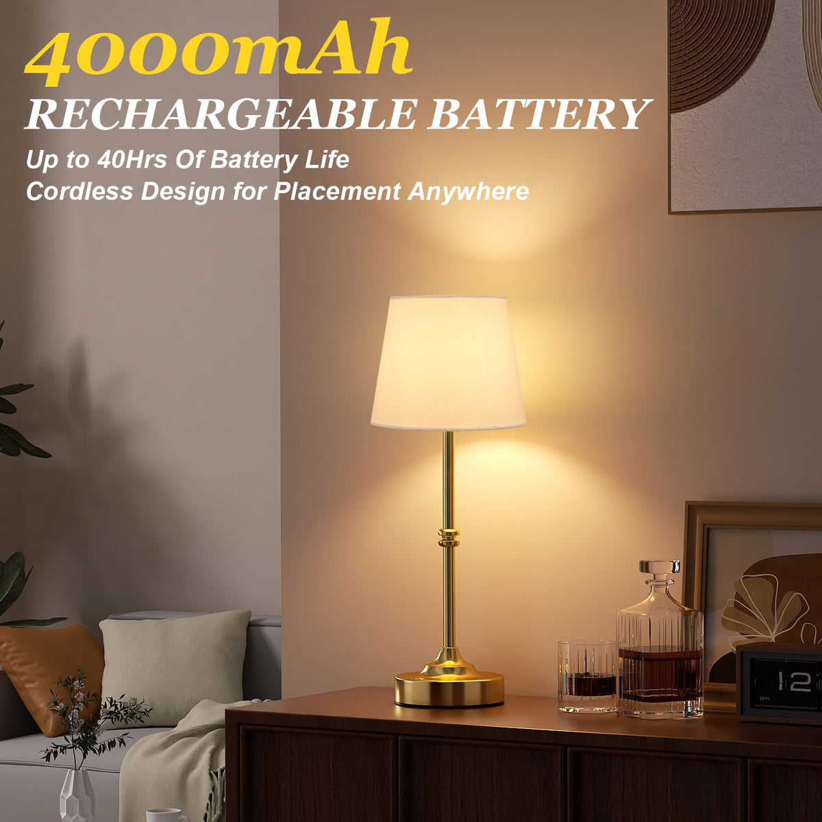 Kakanuo Rechargeable Cordless Table Lamp Gold - 1 Pack Brass 4000mAh Battery Operated Lamp, 3000K Warm Light, Touch Control Stepless Dimming, for Bedside, Dining Table, Home Decor