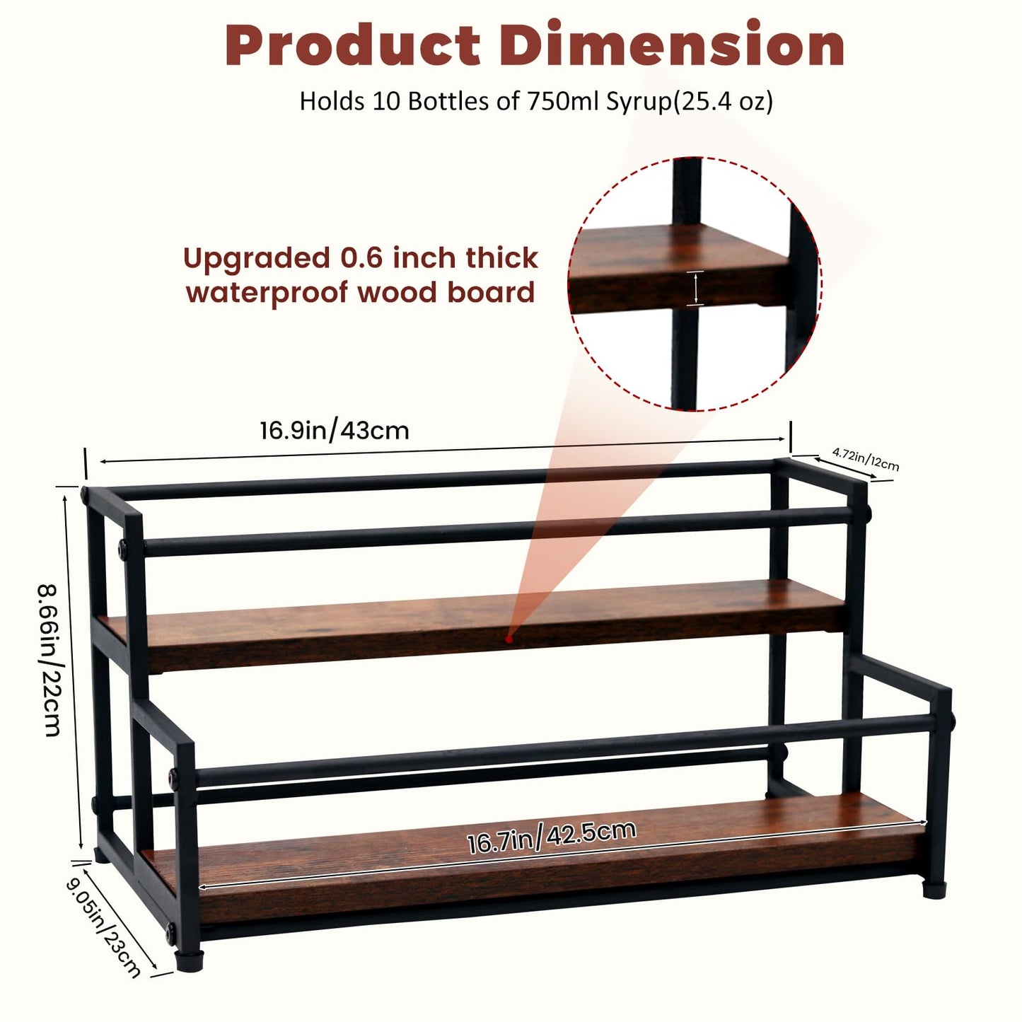 HRUSGO Coffee Syrup Rack Organizer - Metal Bottle Holder for 10 Bottles – Rustic Countertop Display Shelf for Coffee Bar, Kitchen Cabinet, Pantry Storage for Syrups, Liquor, Spice, Tea & Wine (2-Tier)