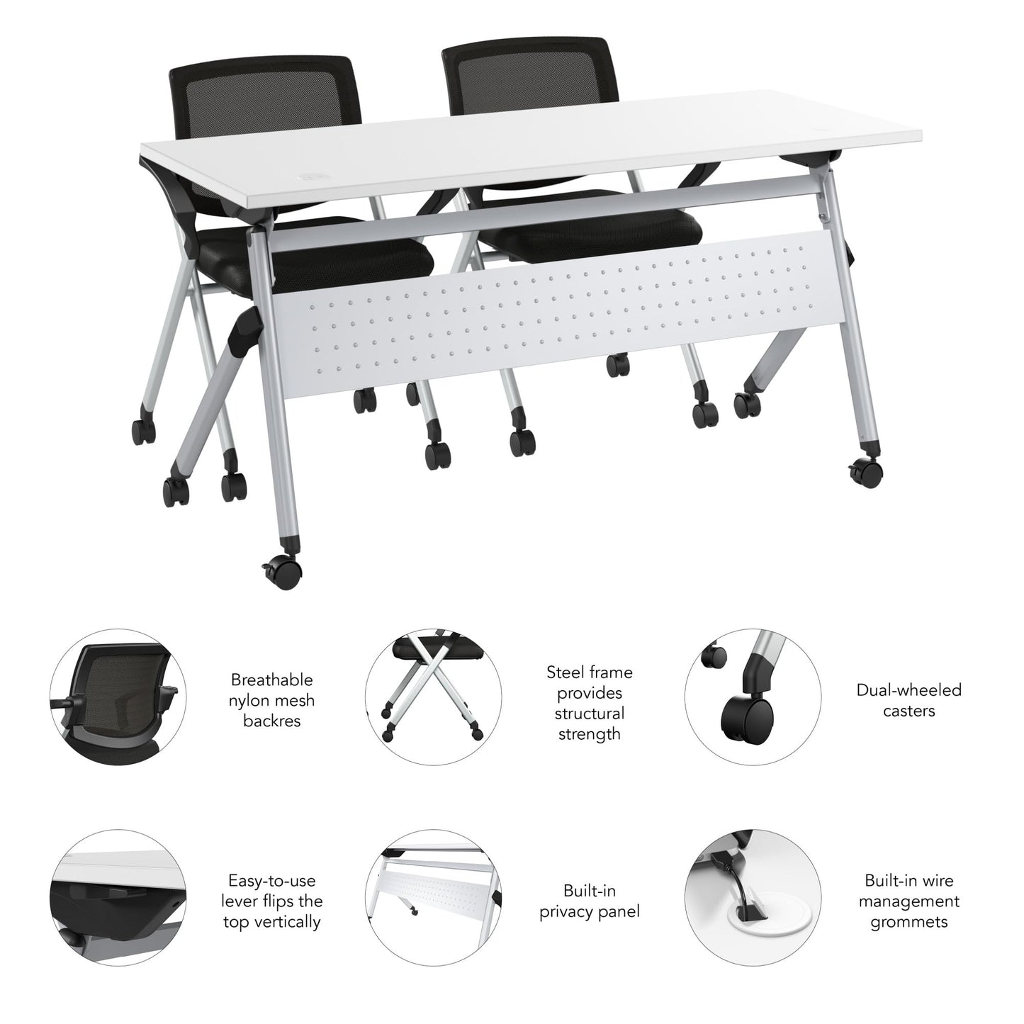 Bush Business Furniture Folding Training Table Set for 2, 60 inch, 2 Mesh Back Folding Chairs with Arms, Commercial-Grade Bundle for Office or Classroom, Envision Collection, White