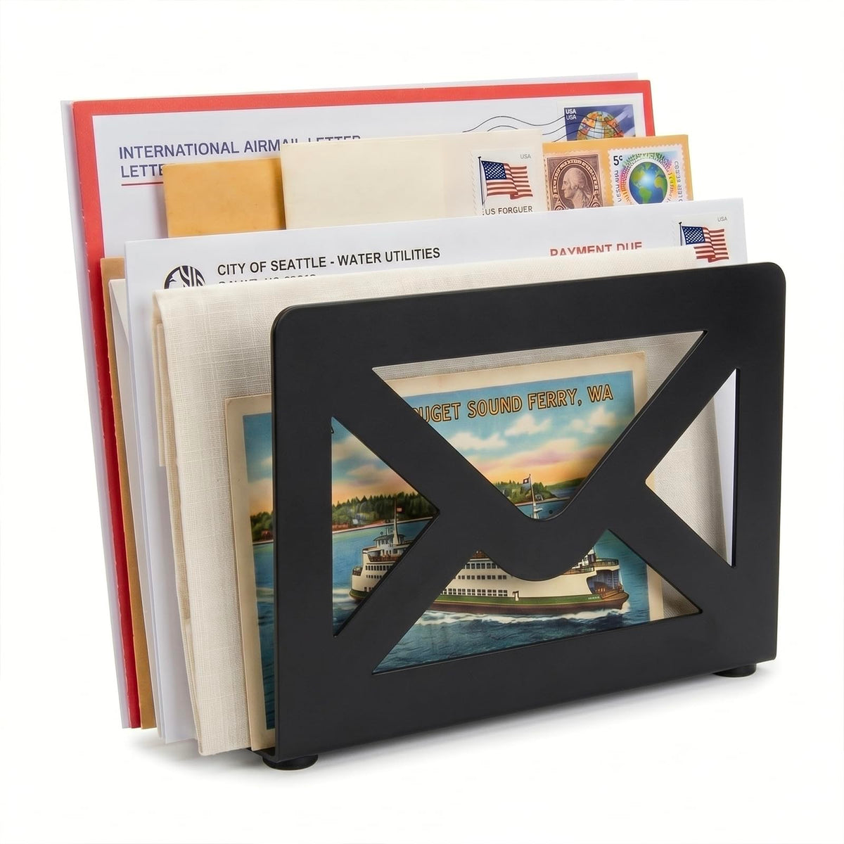 MyGift Black Metal Desktop Mail Holder with Cutout Envelope Design Home and Office Desk Letter Organizer