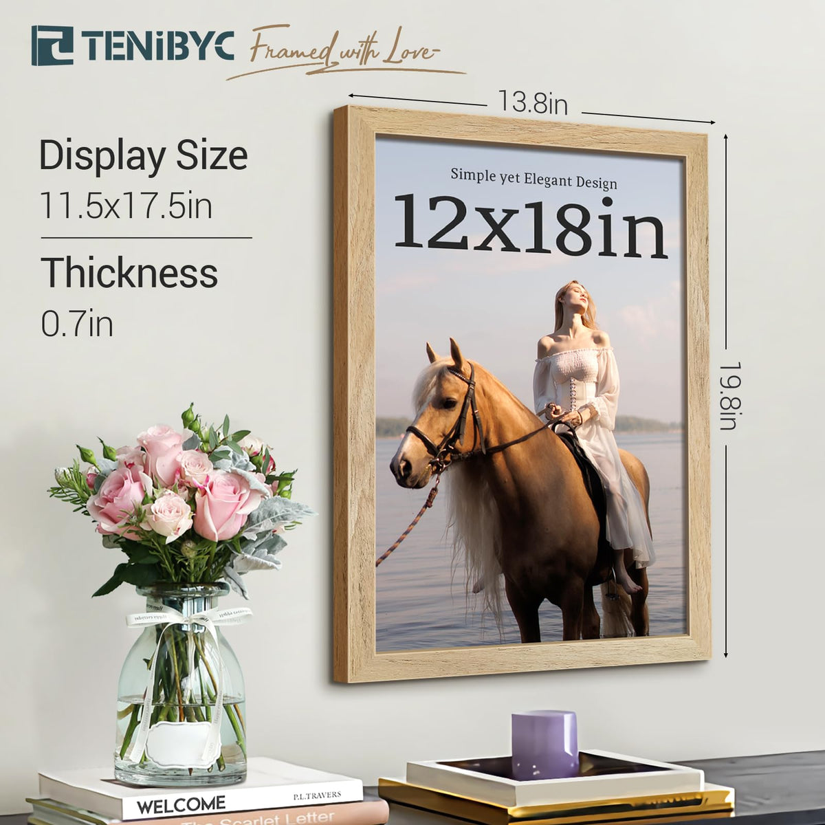 TENIBYC 12x18 Frame - 4 Pack, Natural Textured Wooden Poster Frame, HD Tempered Glass, Wall Hanging Decor for Room, Office, Gallery, Studio, and Hallway