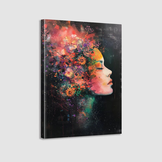 Framed Canvas Wall Art Beautiful Woman With Colorful Flowers, White Flowers Head Paintings Abstract Figure Canvas Decorative Picture Home Decor 12x16inch