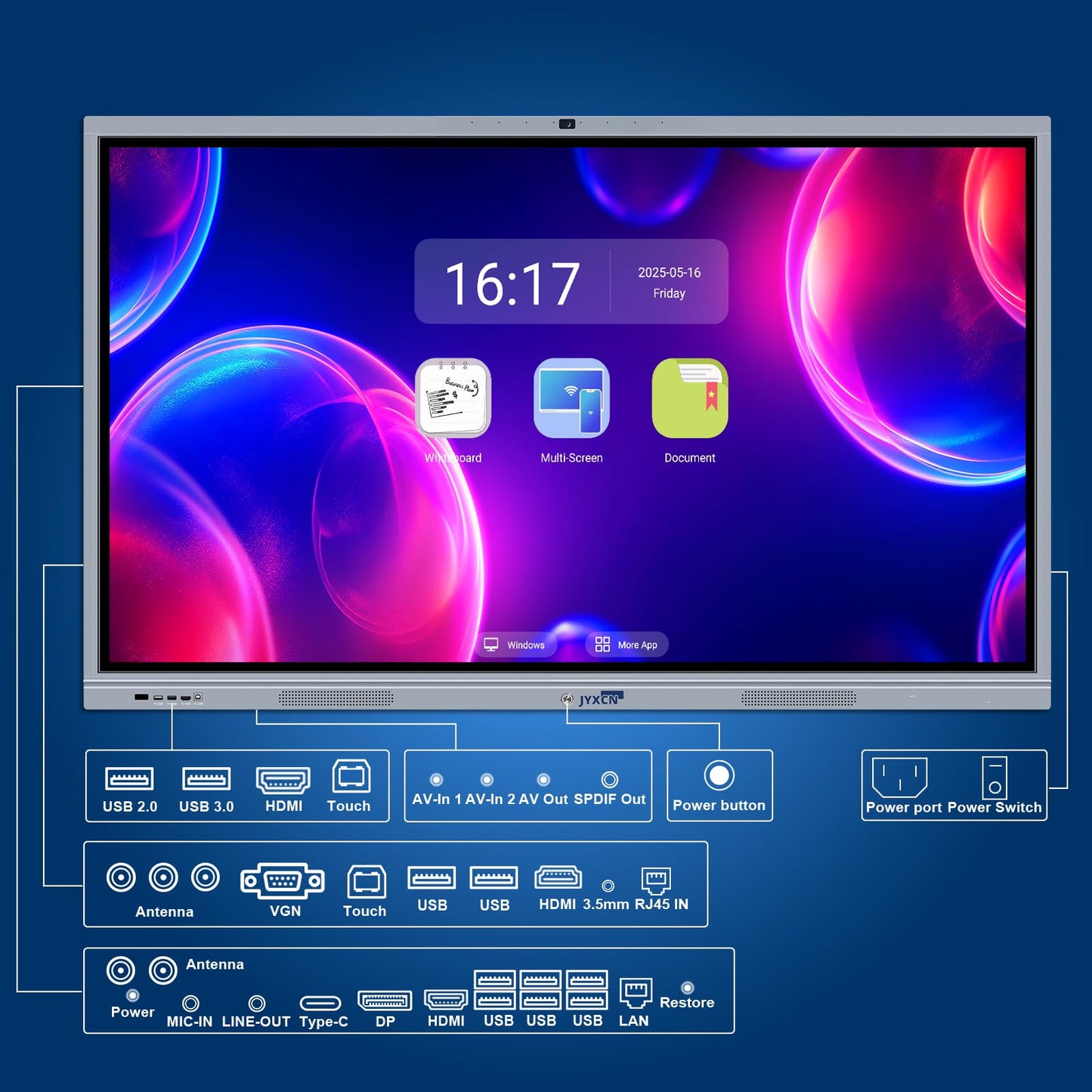 JYXCN 65" Smart Board, UHD 4K Interactive Digital Whiteboard Smartboard Android 11 & Windows 10 Dual System 8+256 GB & 20MP Camera | Touchscreen Electronic Smart Boards for Classroom Office Home